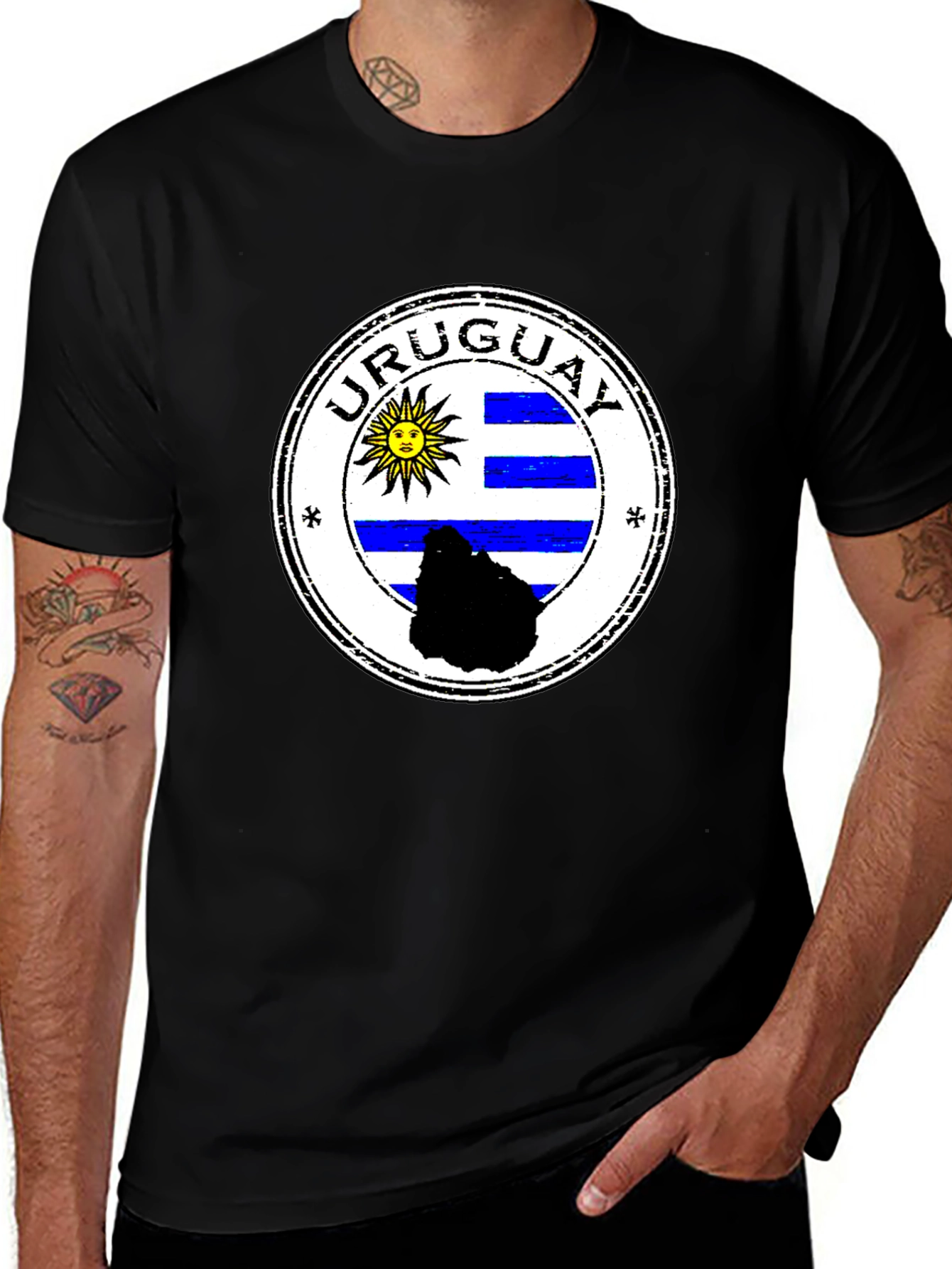 Variant 29 of Uruguay Flag Graphic Tee - Black Cotton T-Shirt