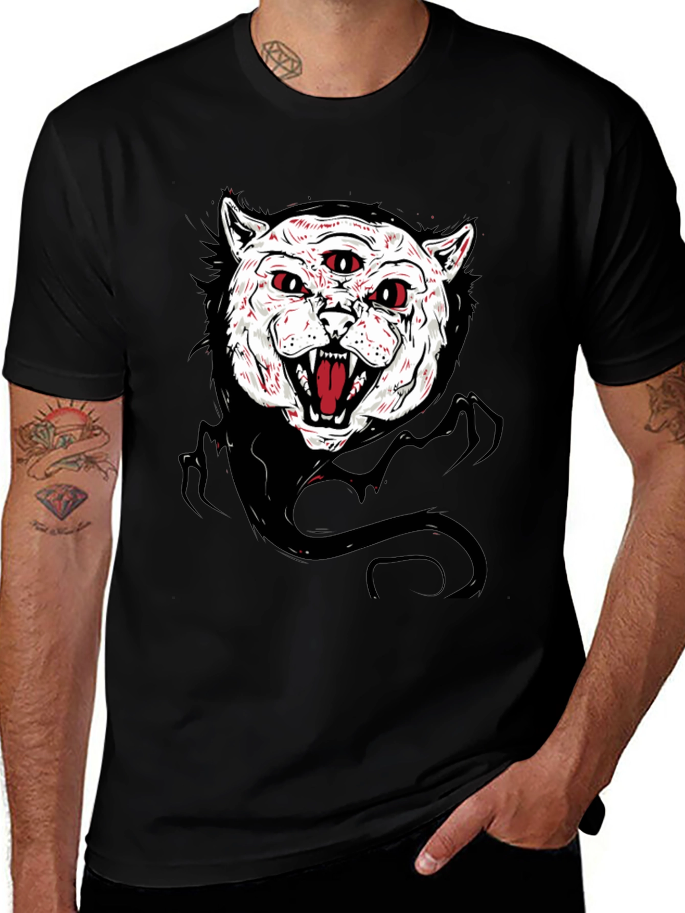 Variant 8 of Men's Black T-Shirt with Three-Eyed Cat Graphic