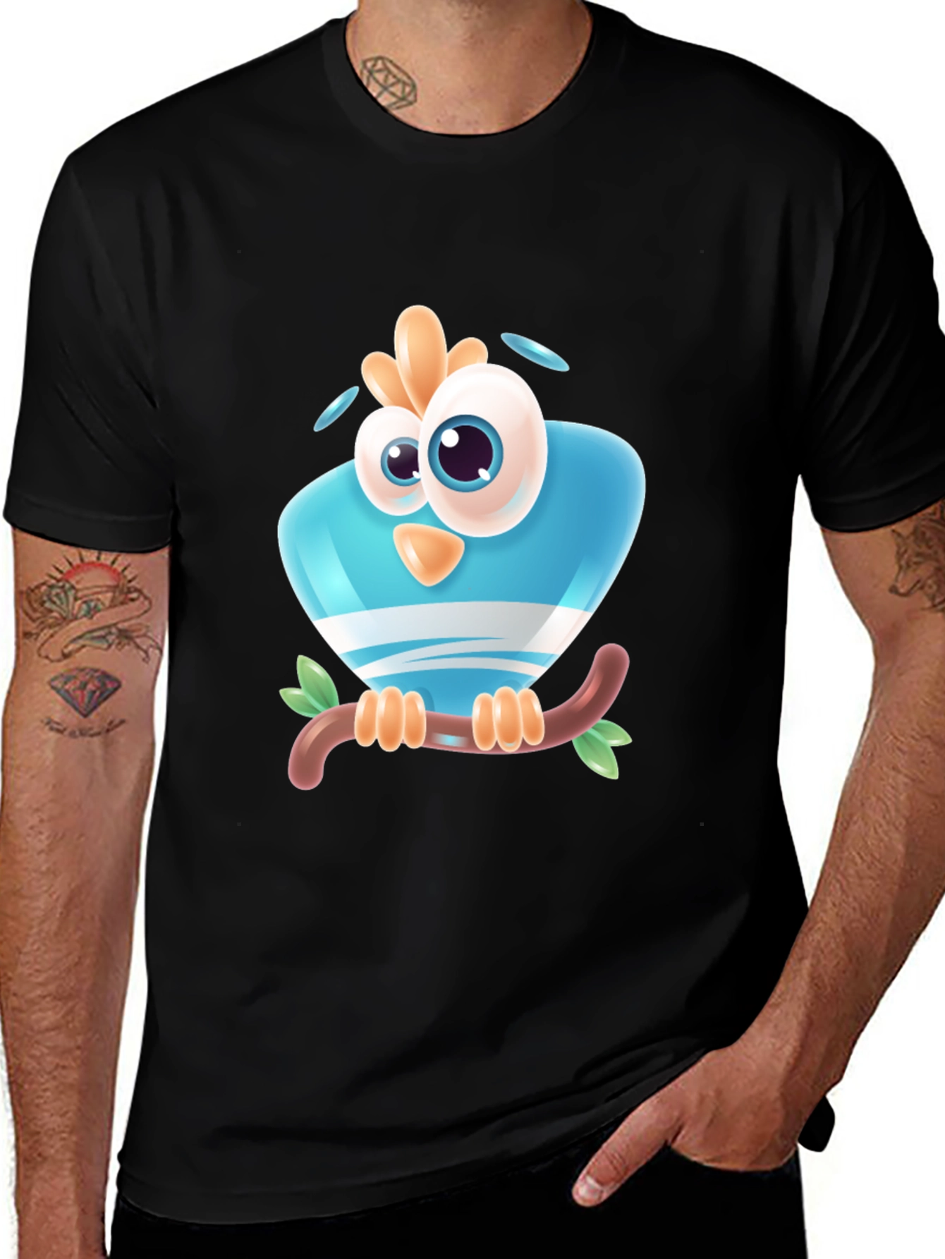 Variant 9 of Cartoon Bird on Branch Black T-Shirt