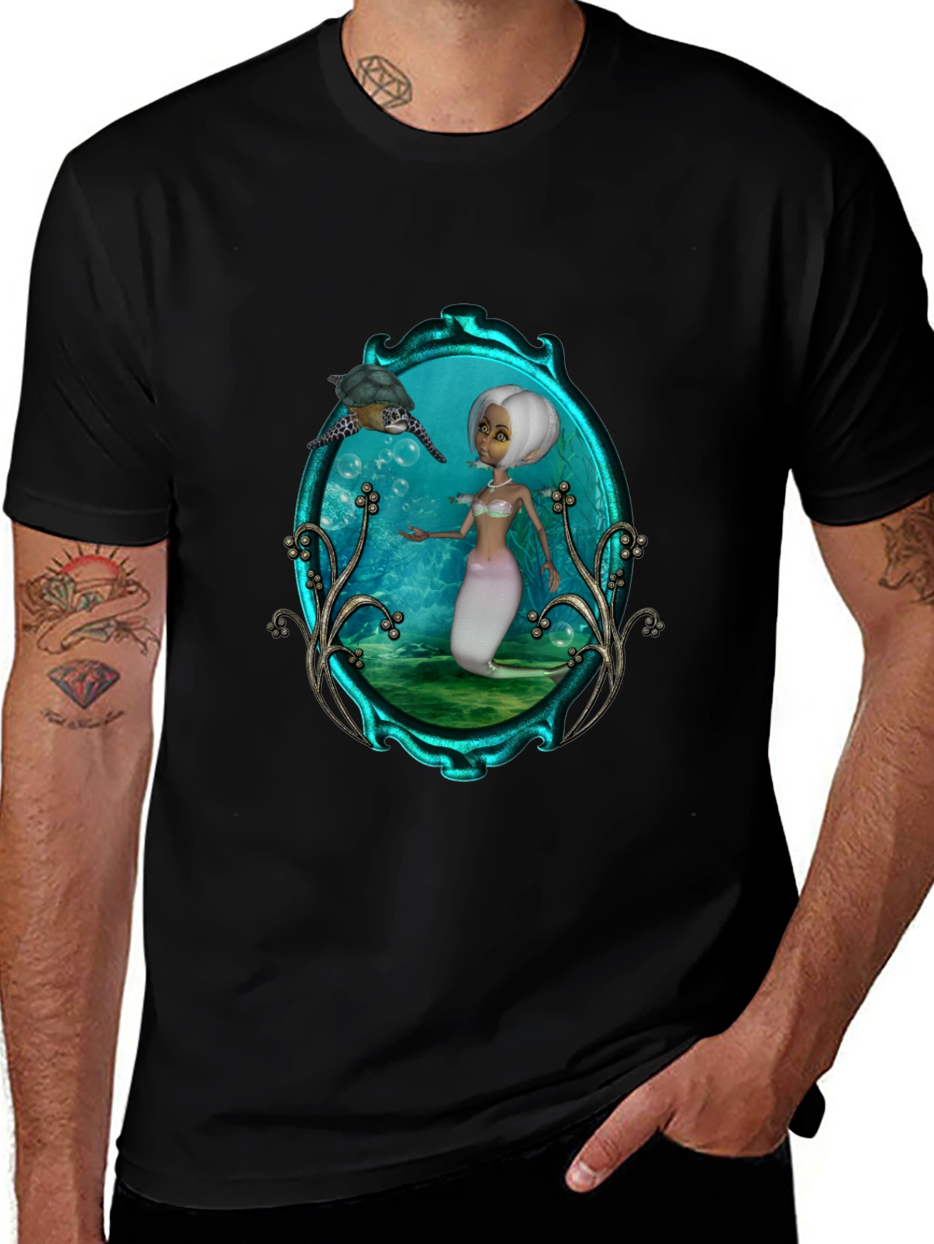 Mermaid & Turtle Graphic Tee - Black