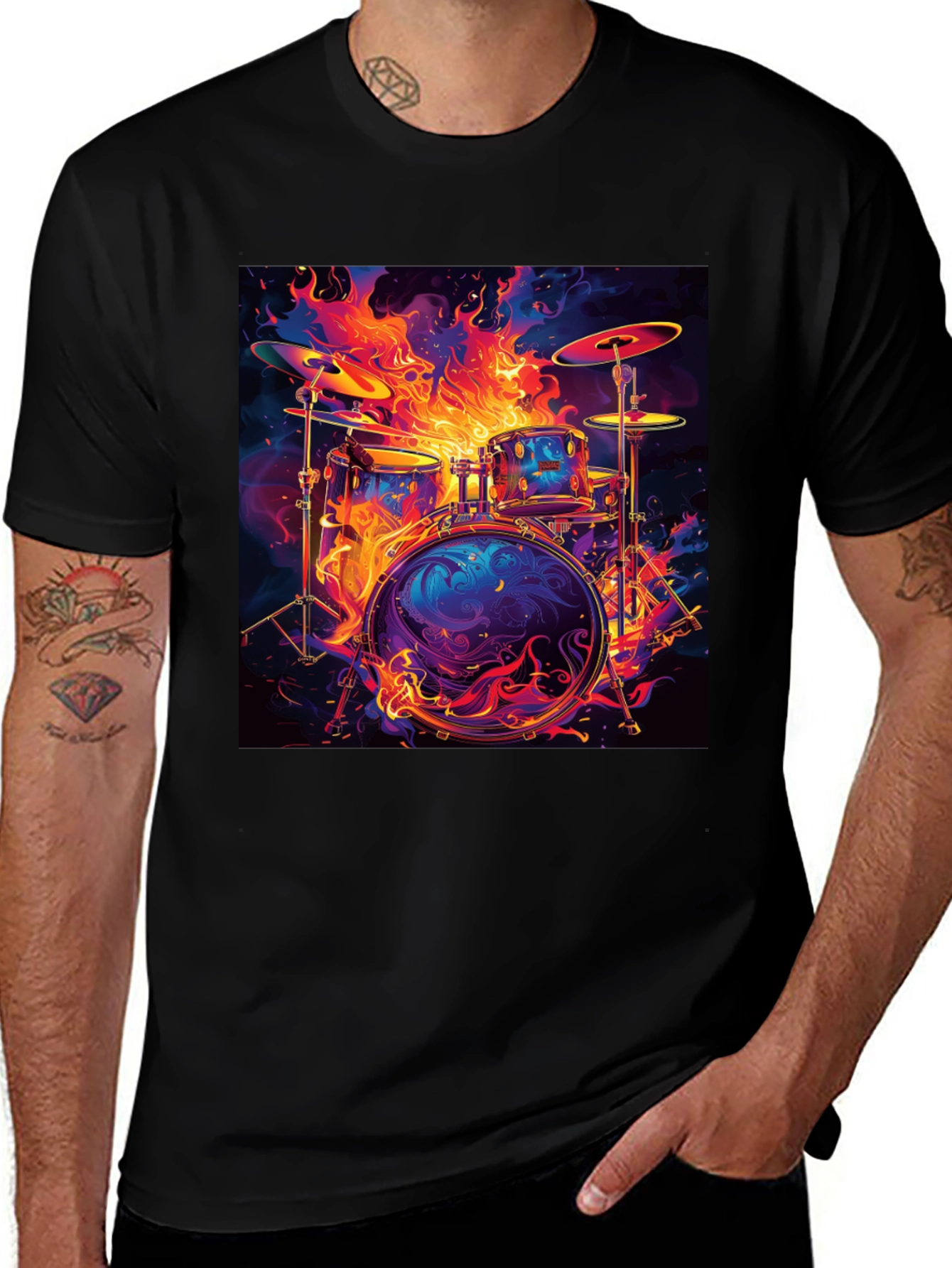 Variant 2 of Fiery Drum Set Graphic Tee - Black Cotton T-Shirt