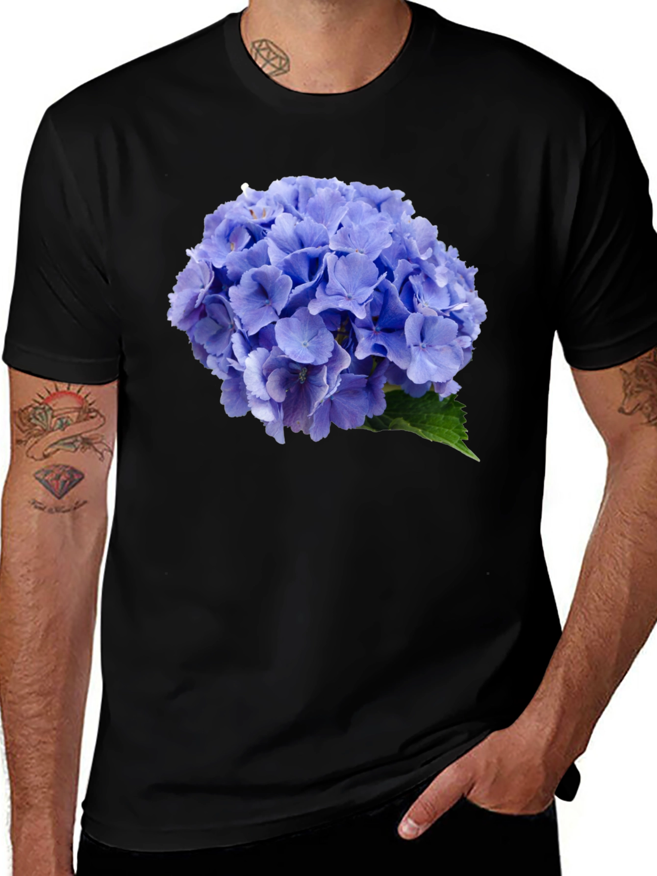 Variant 24 of Blue Hydrangea Flower Print Black T-Shirt