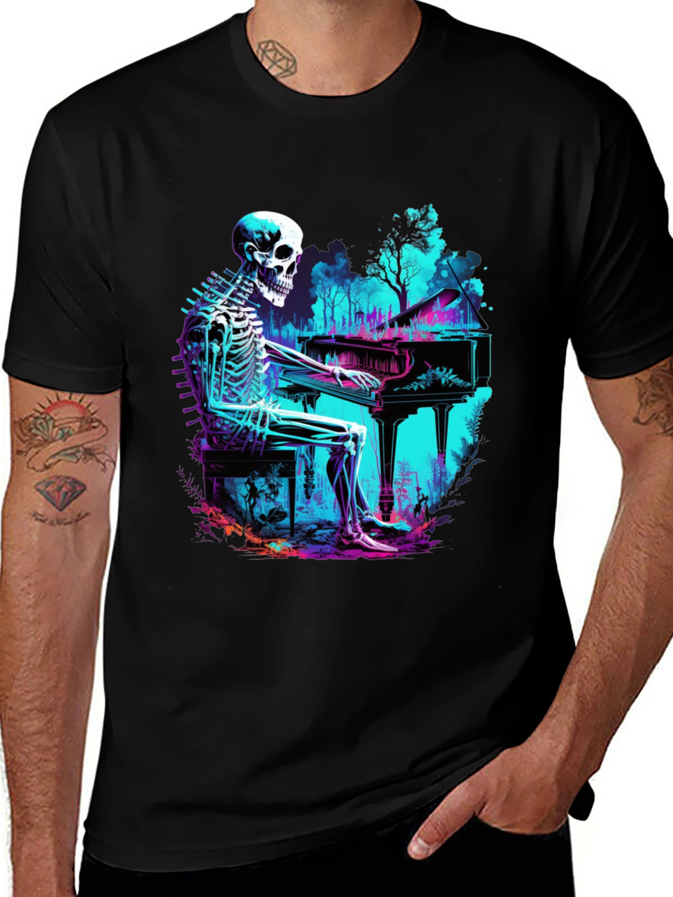 Variant 23 of Skeleton Pianist Graphic Tee - Black