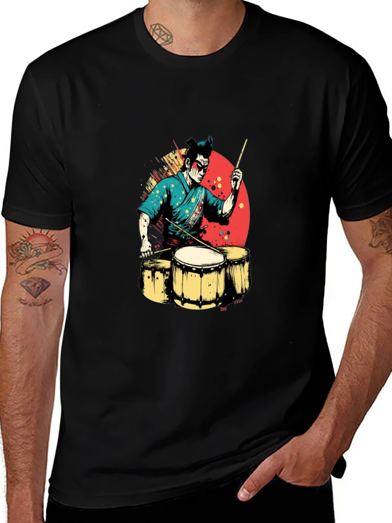 Variant 11 of Samurai Drummer Graphic Tee - Black Cotton T-Shirt
