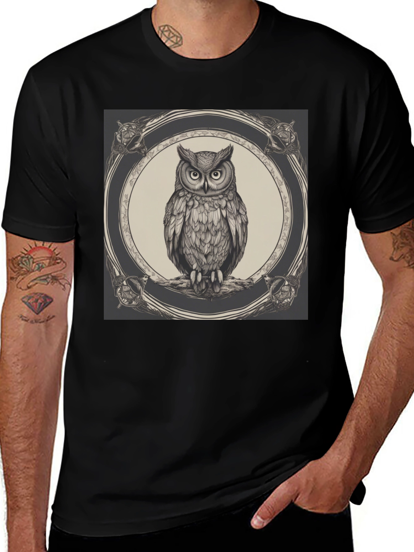 Variant 17 of Owl Graphic Print Black Crew Neck T-Shirt