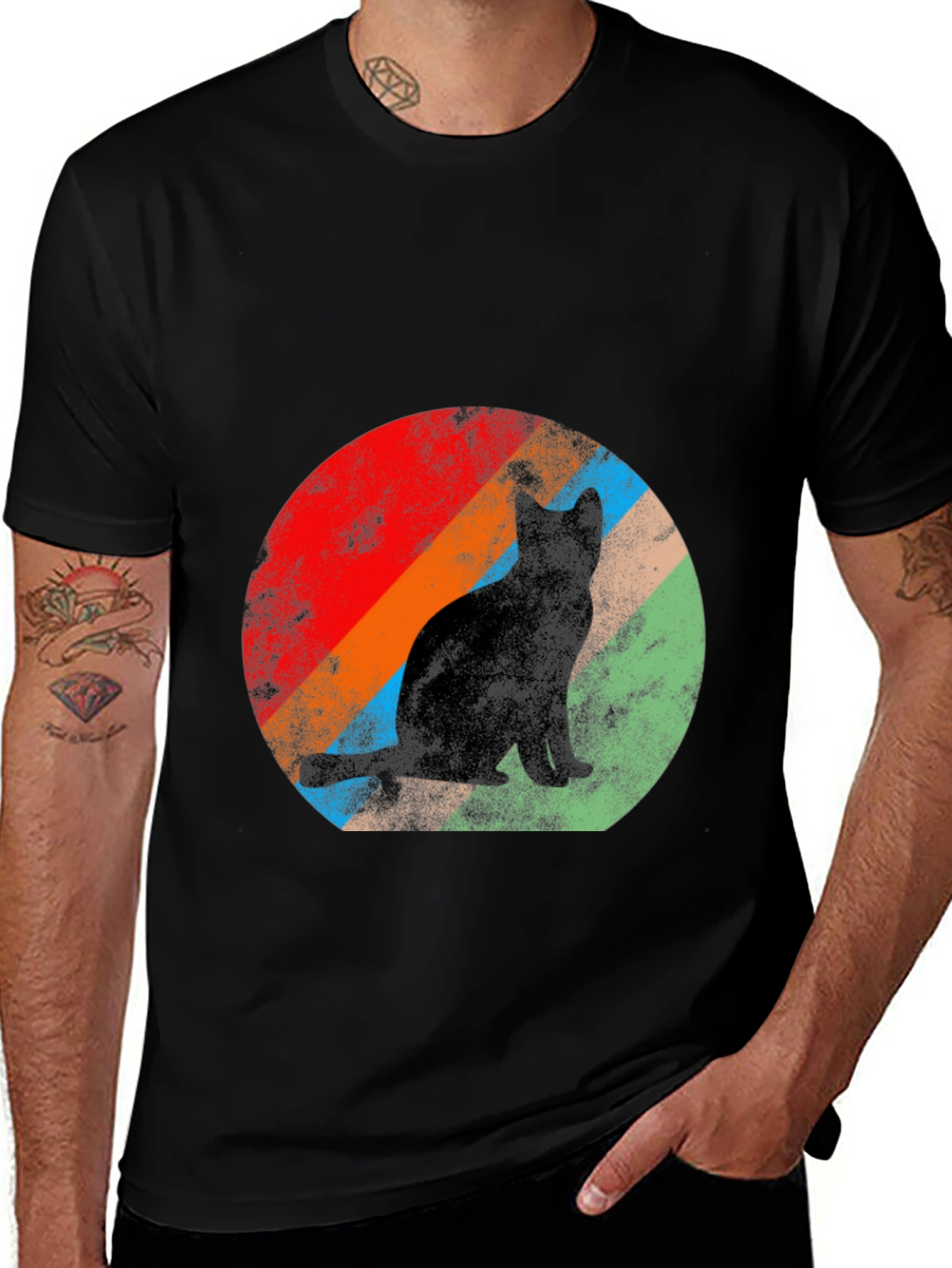 Variant 5 of Retro Cat Graphic Tee - Black Cotton T-Shirt
