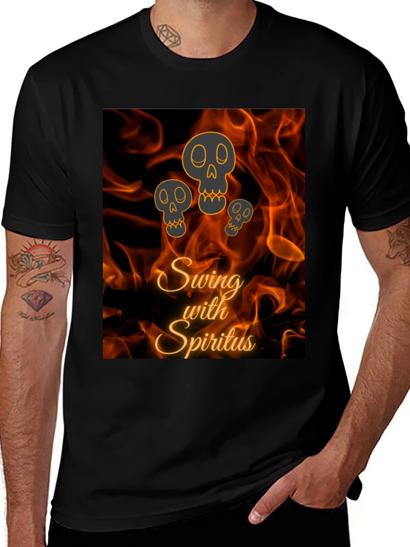 Variant 26 of Swing with Spiritus T-Shirt - Fiery Skull Design
