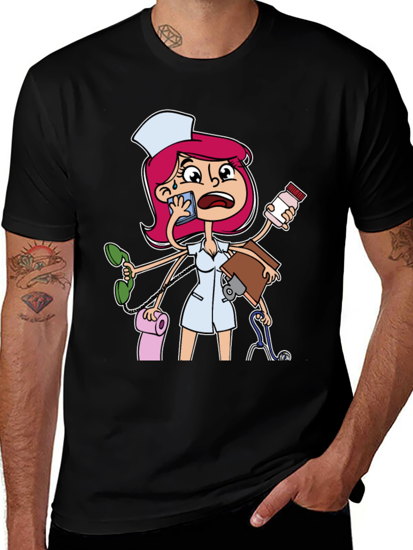 Variant 11 of Busy Nurse Cartoon Graphic T-Shirt