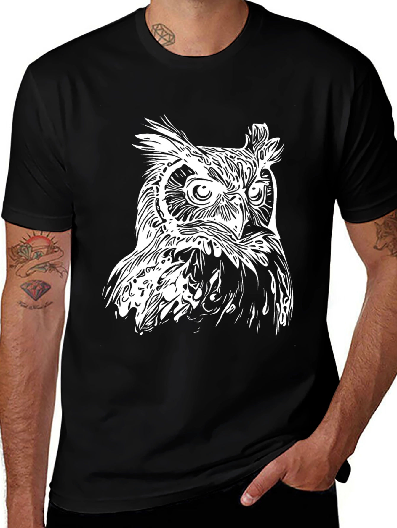 Variant 21 of Owl Graphic Tee - Black Cotton Short Sleeve Shirt