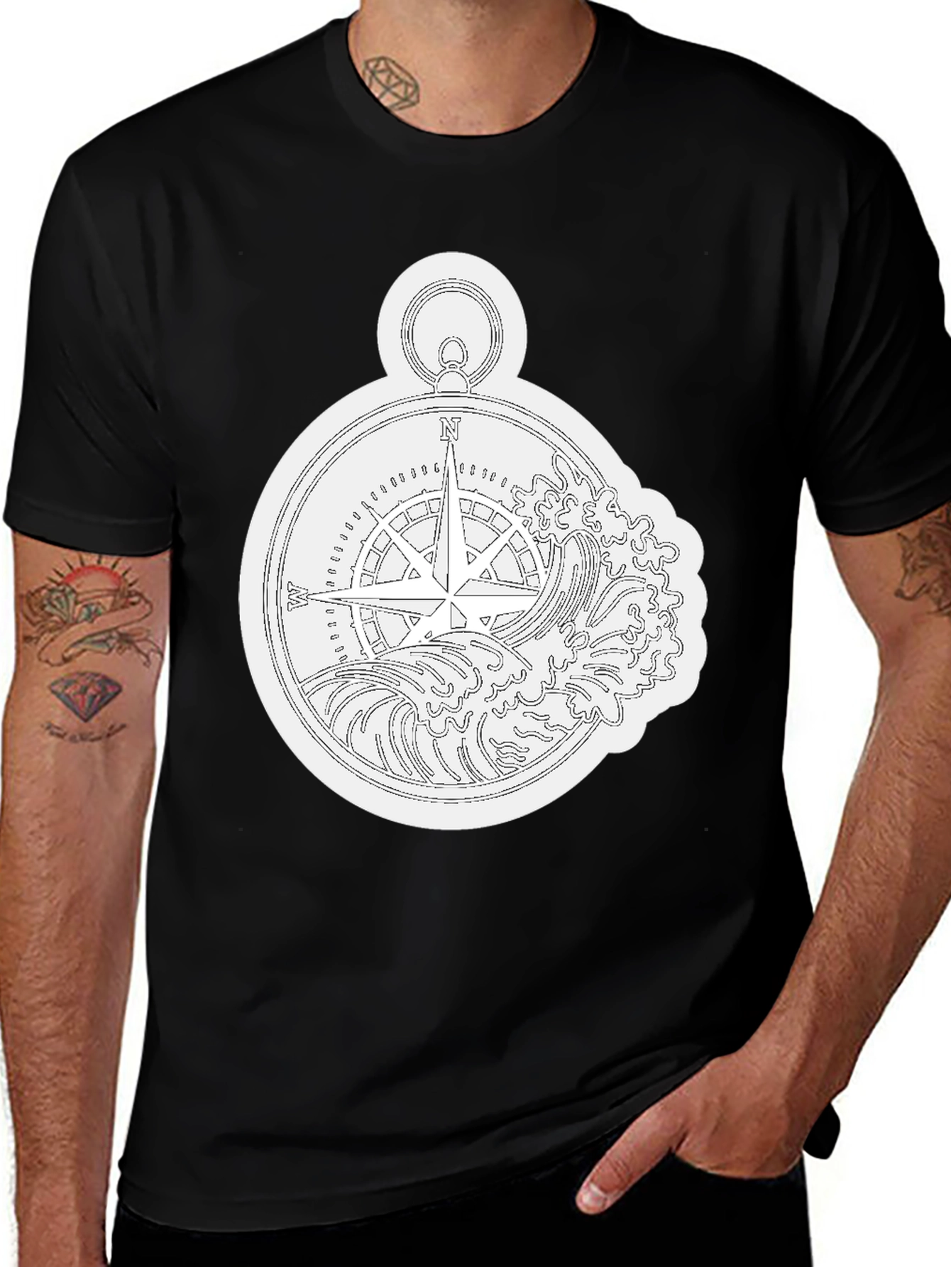 Nautical Compass Wave Graphic Black T-Shirt