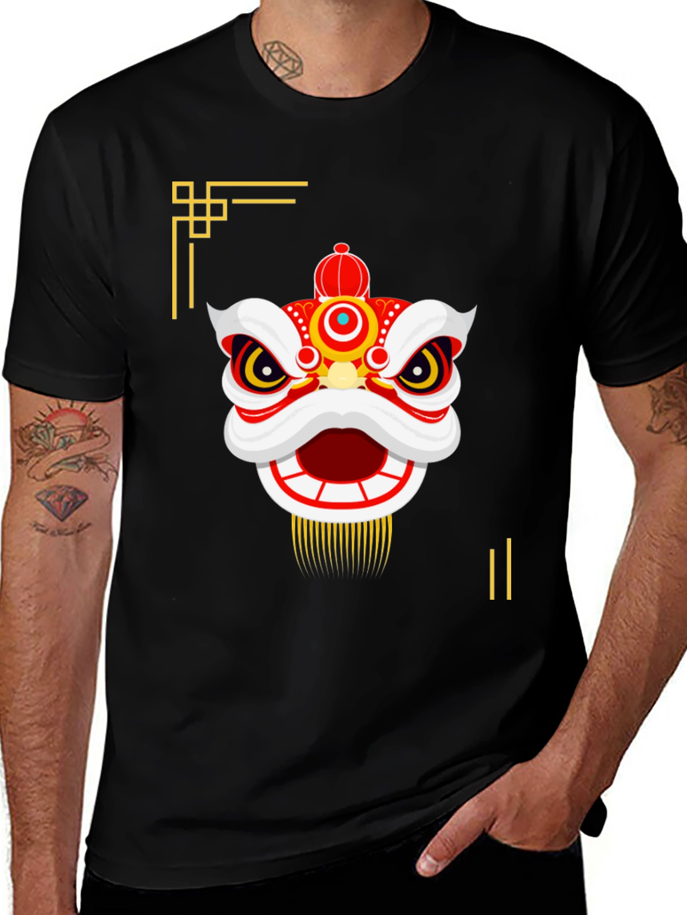 Chinese Lion Dance Graphic Tee - Black