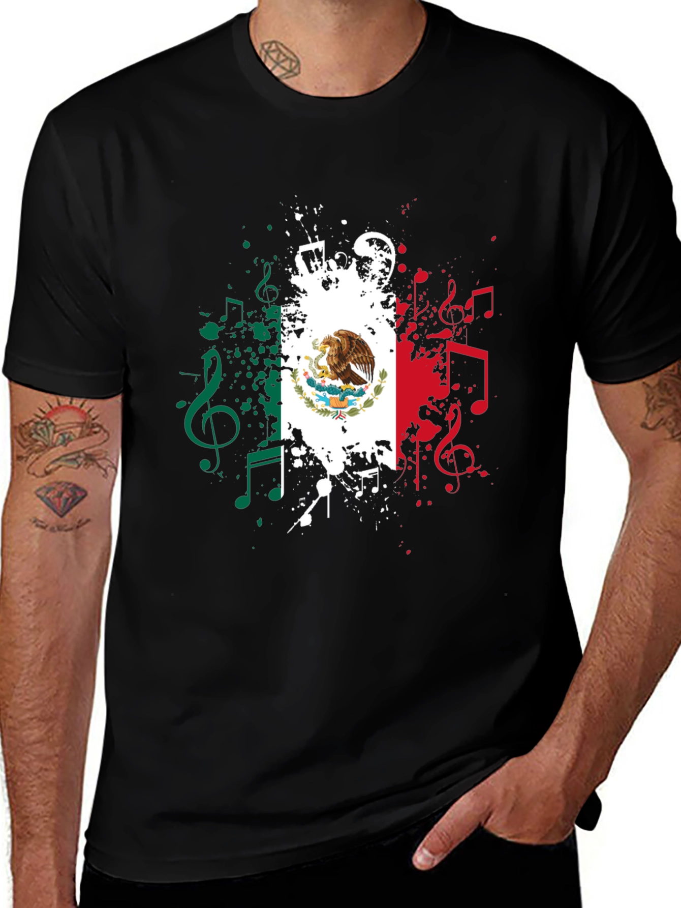 Mexican Flag Music Graphic Men's Black T-Shirt