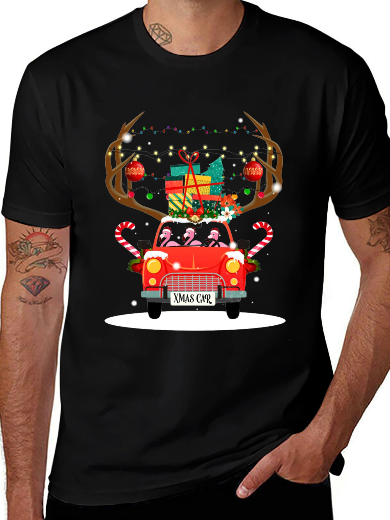 Variant 7 of Festive Flamingo Xmas Car T-Shirt
