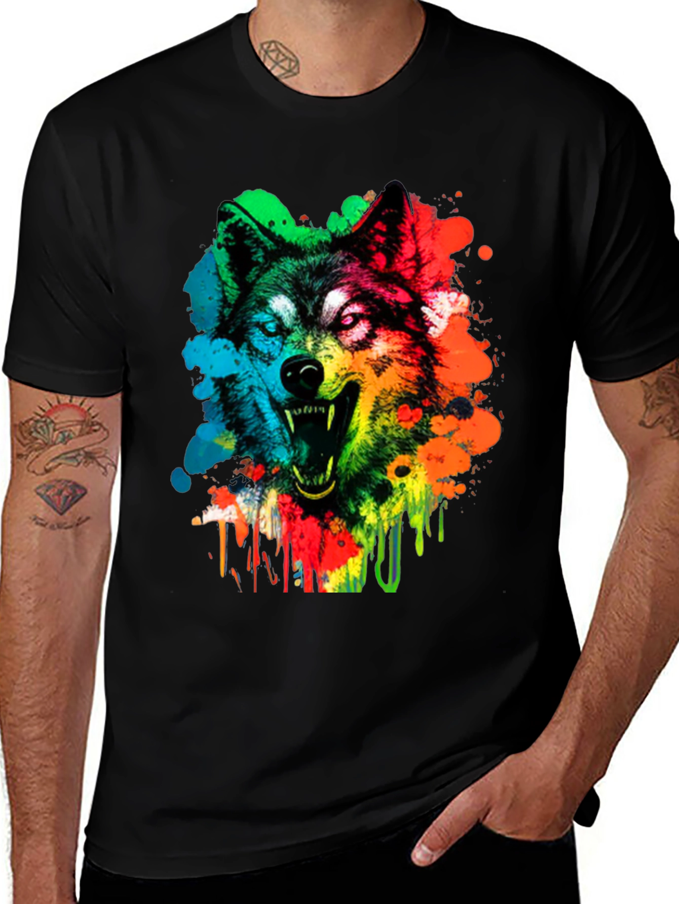 Variant 10 of Colorful Wolf Graphic Print Black T-Shirt