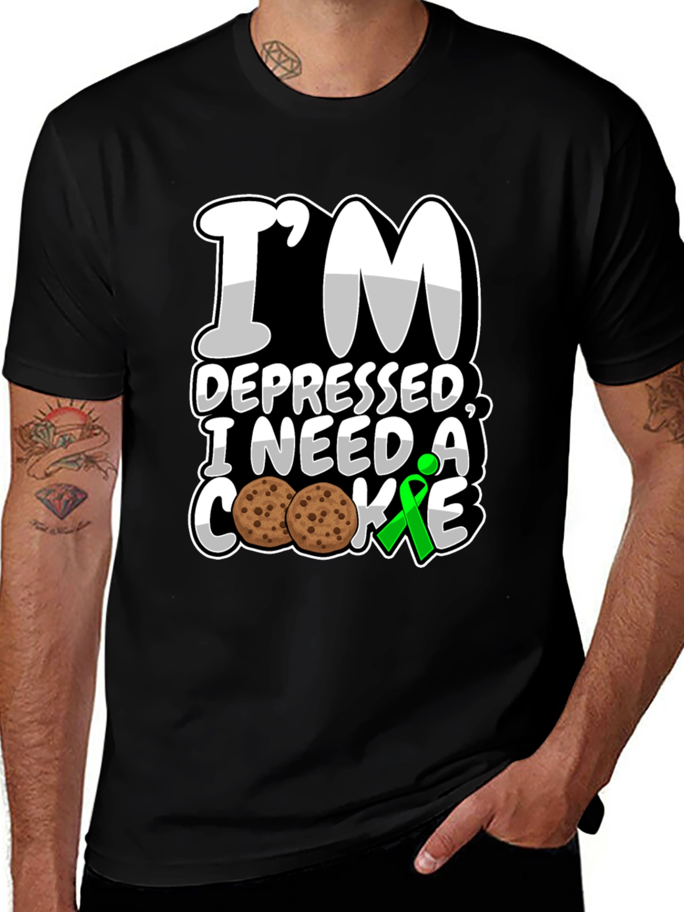 I'm Depressed I Need a Cookie T-Shirt Mental Health Green Ribbon Tee