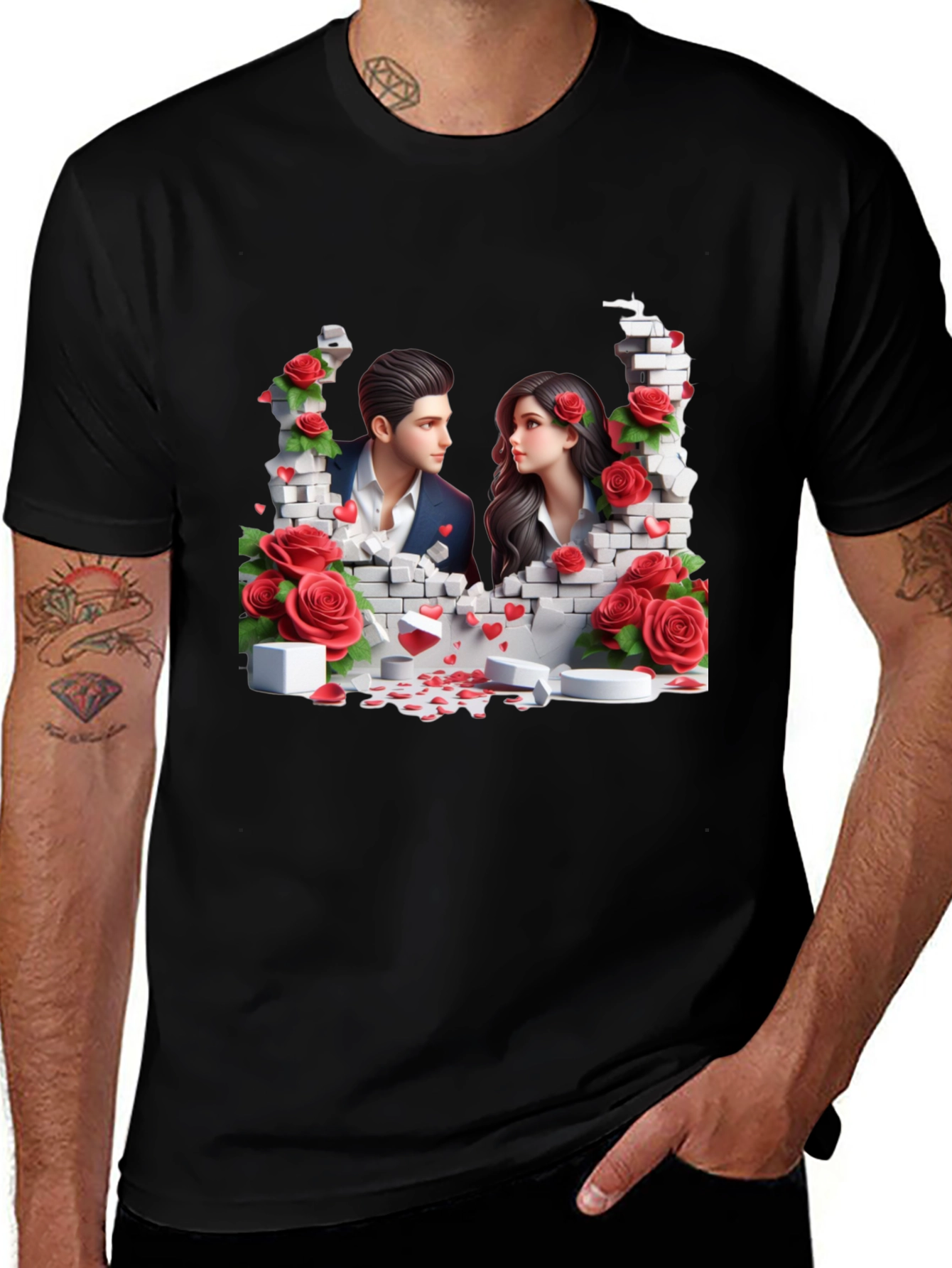 Variant 12 of Romantic Couple Brick Wall Graphic Tee - Black
