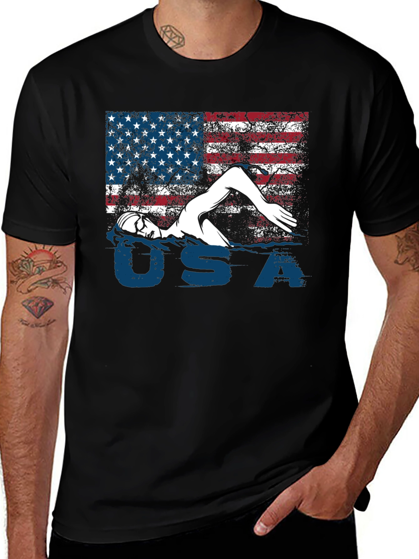 Variant 5 of USA Swimmer T-Shirt Patriotic Flag Tee