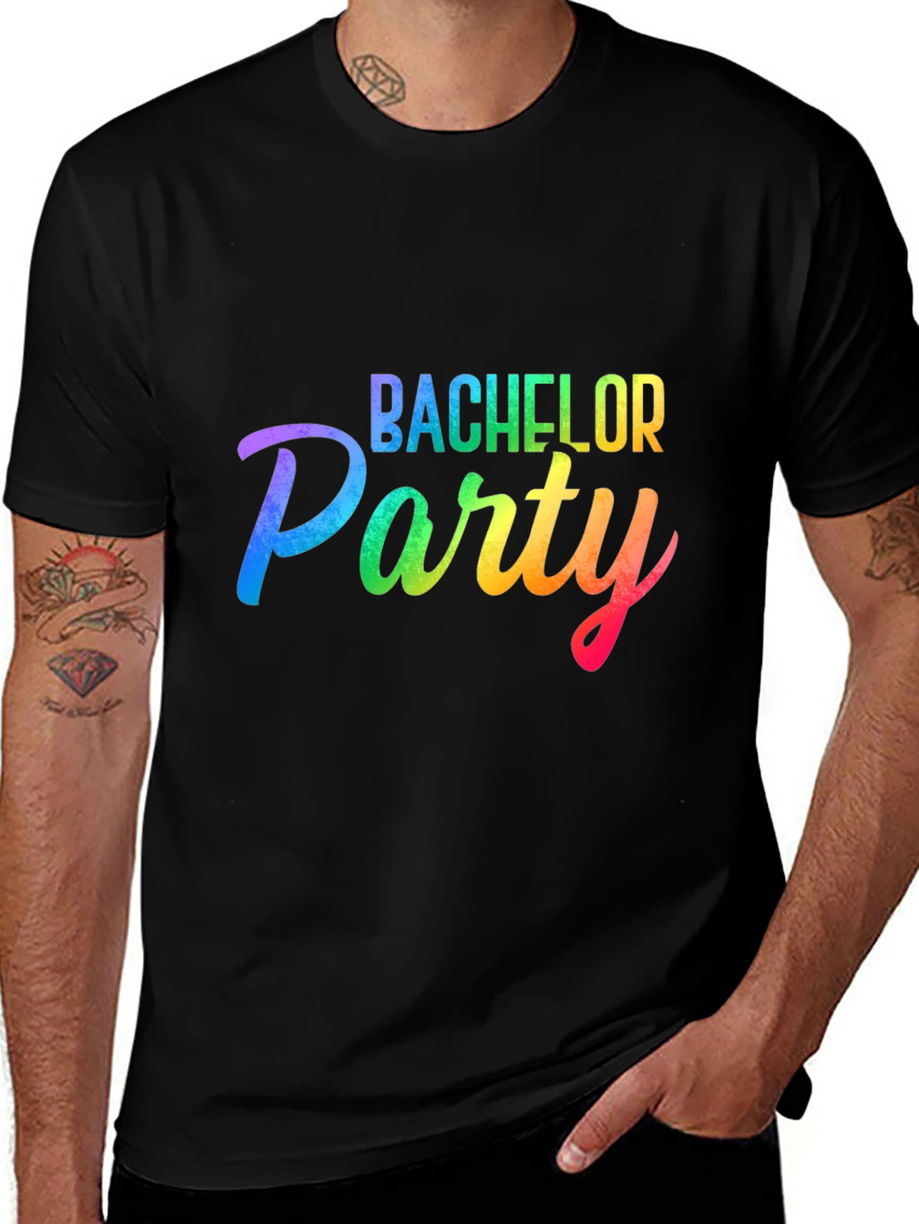 Variant 27 of Bachelor Party Rainbow T-Shirt - Black Crew Neck