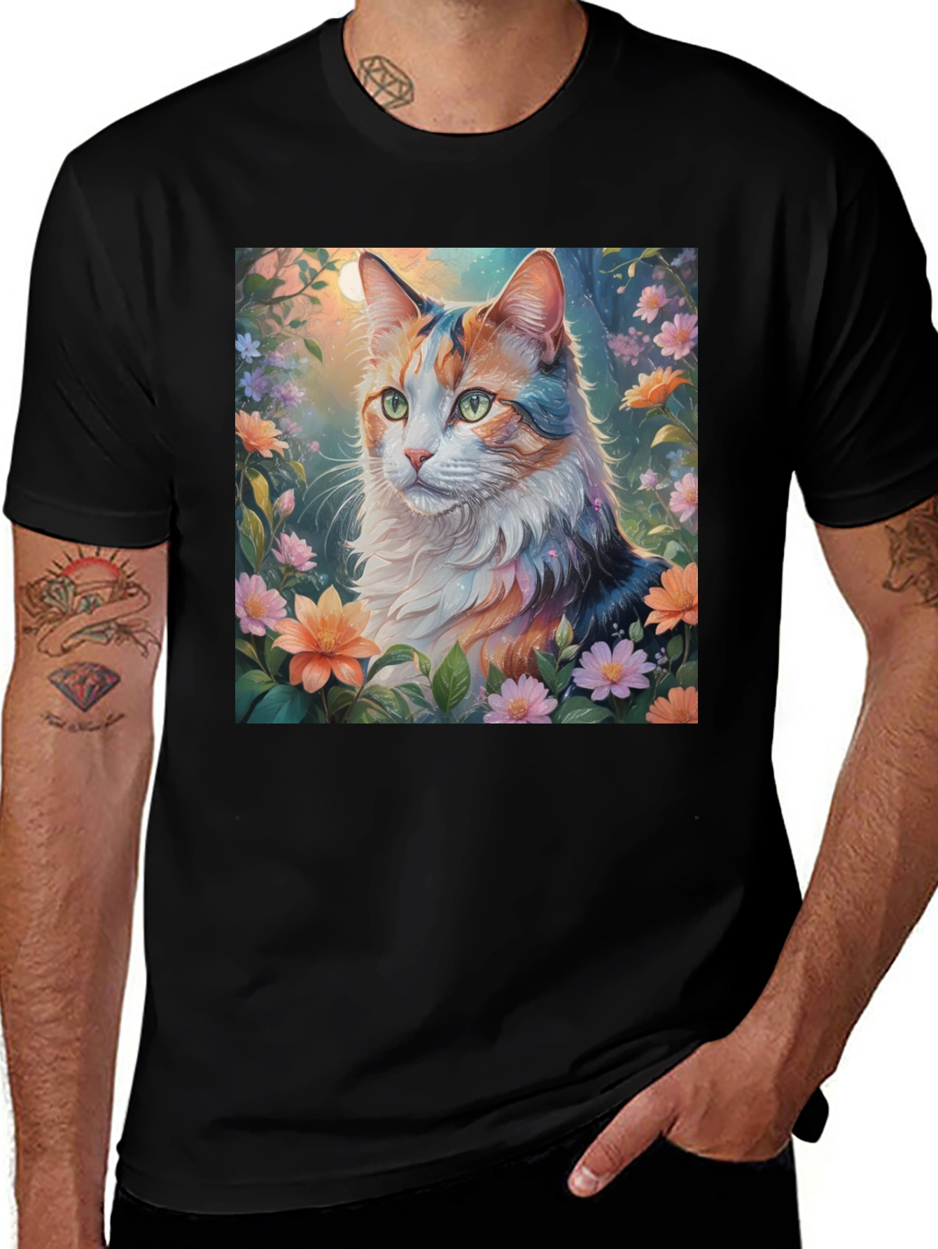 Variant 14 of Cat in Flowers Graphic Tee - Unisex Comfort