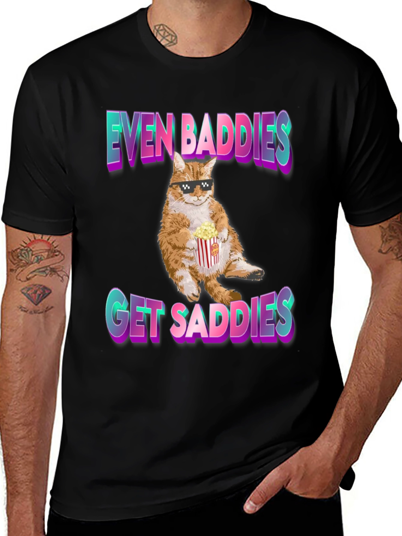 Variant 20 of Even Baddies Get Saddies T-Shirt - Cat with Popcorn