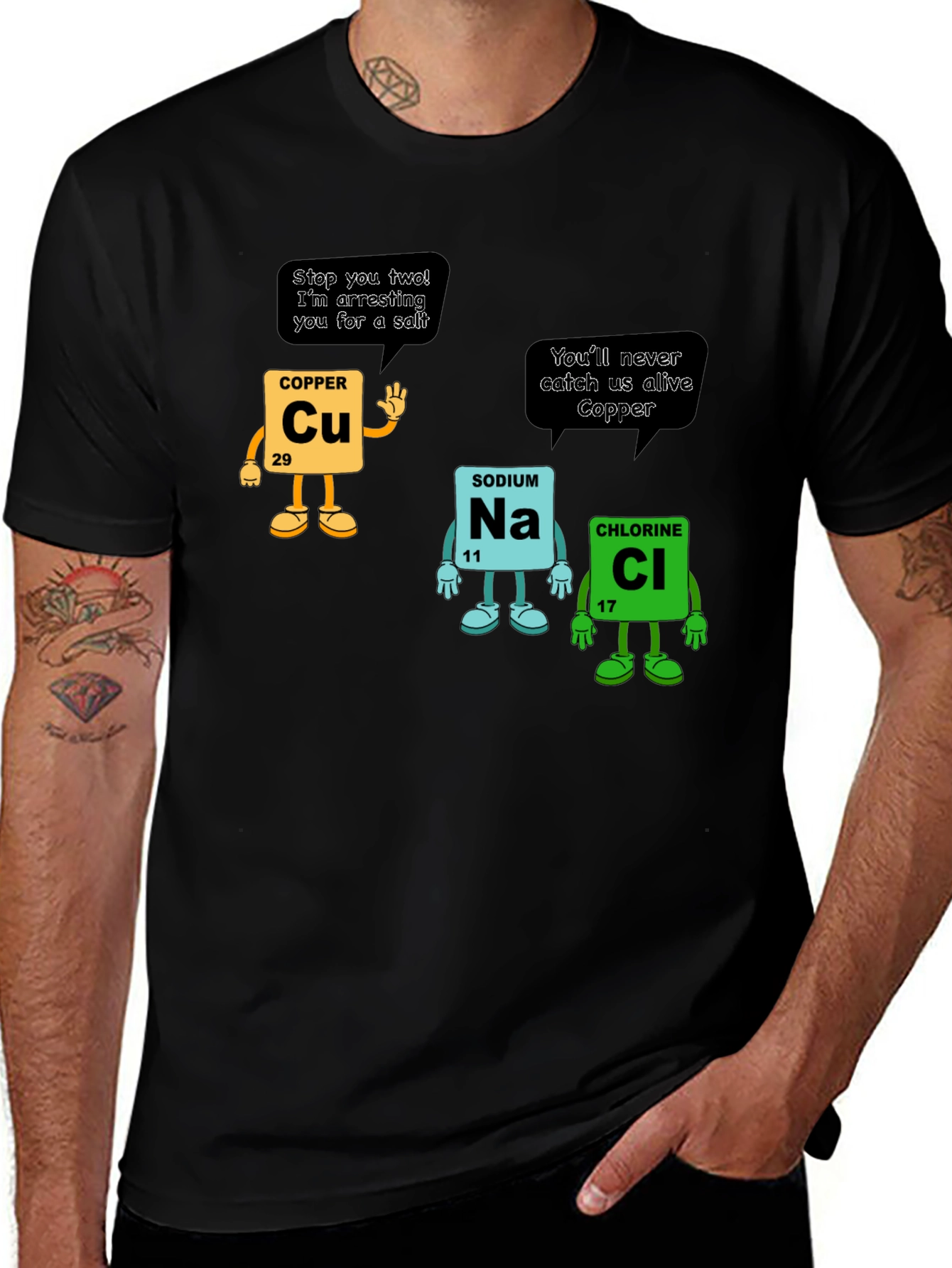 Variant 16 of Chemistry Pun T-Shirt: Copper Arresting Sodium Chloride