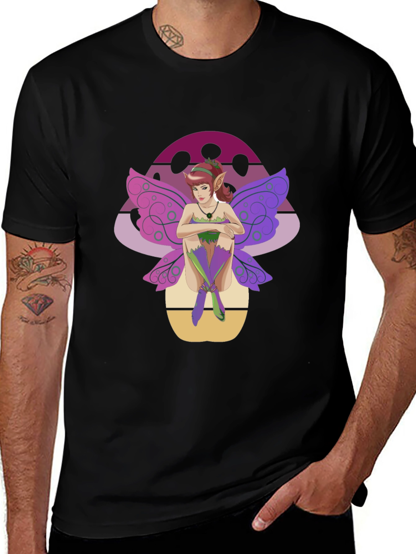 Variant 11 of Fantasy Fairy Mushroom Graphic Black T-Shirt