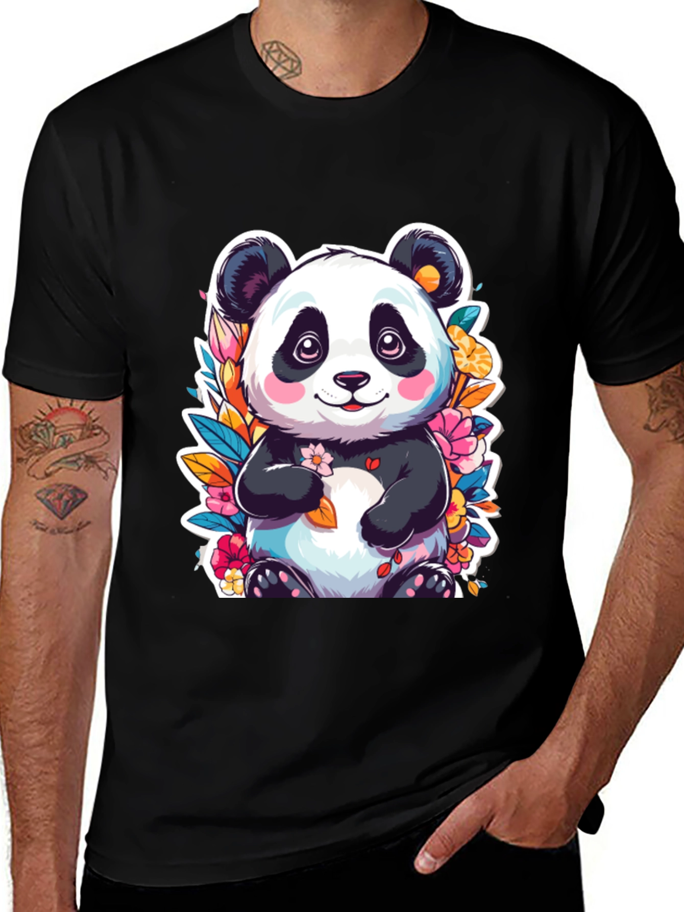 Variant 5 of Cute Panda Floral Graphic Tee - Black
