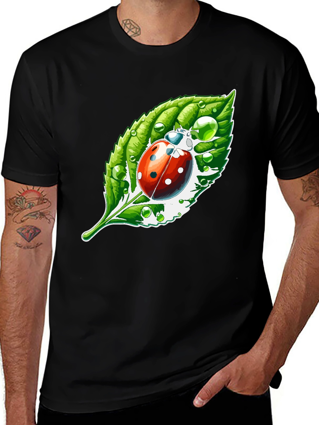Variant 12 of Ladybug on Leaf Graphic Tee - Black Cotton Shirt