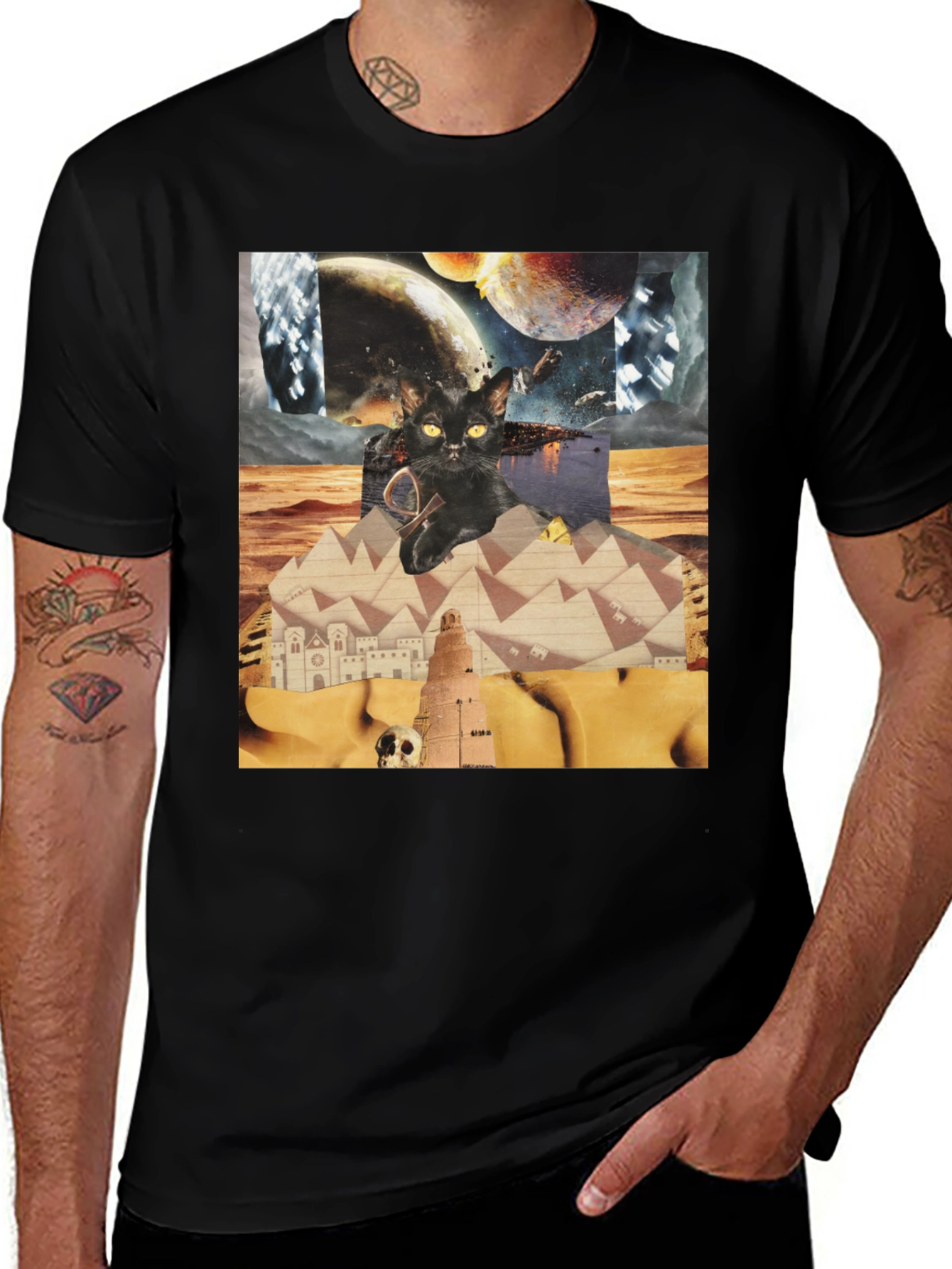 Variant 20 of Surreal Cat Graphic Tee - Black Cotton Shirt