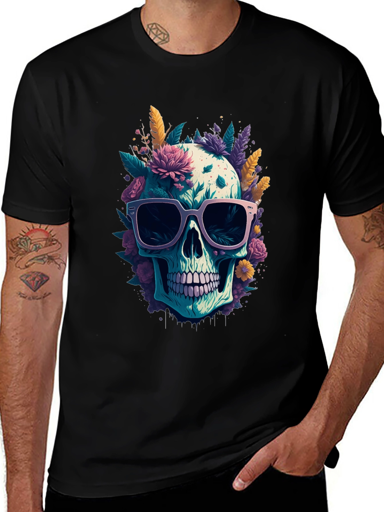 Variant 25 of Floral Skull Graphic Tee - Black Cotton Shirt