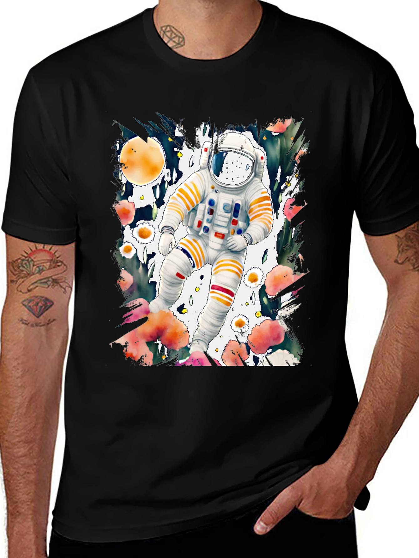 Astronaut in Floral Space T-Shirt