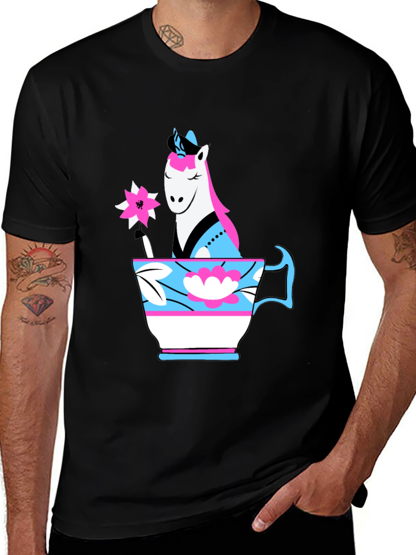 Unicorn in Teacup Graphic Tee - Black Cotton T-Shirt
