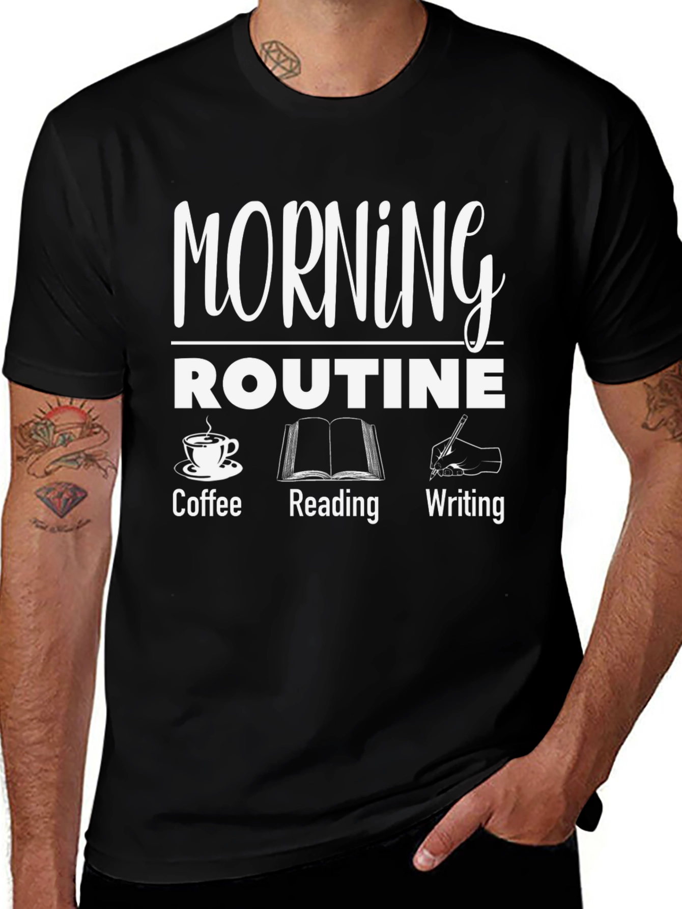 Morning Routine T-Shirt: Coffee, Reading, Writing Graphic Tee