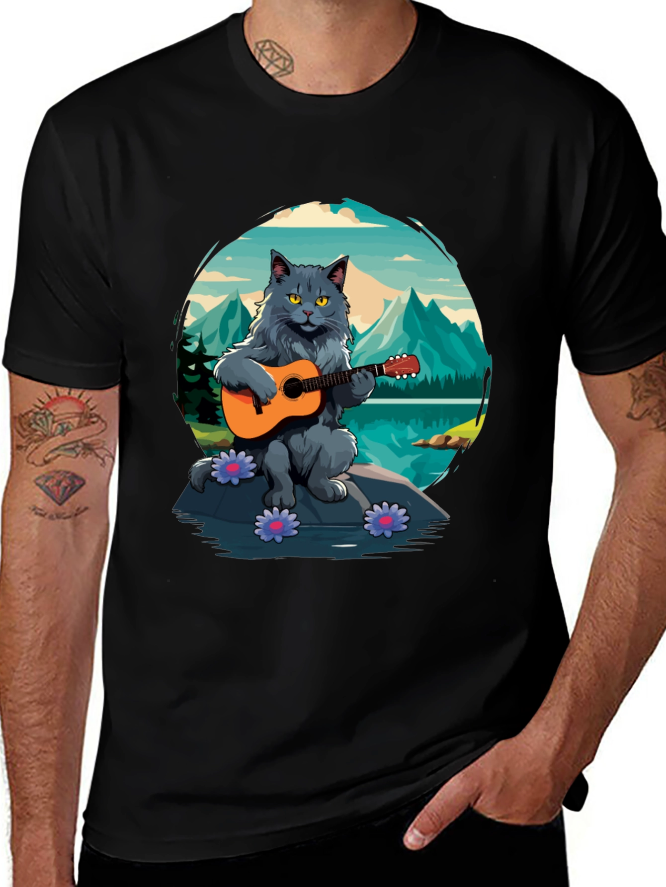 Variant 20 of Cat Guitarist Graphic Tee - Playful & Unique Design