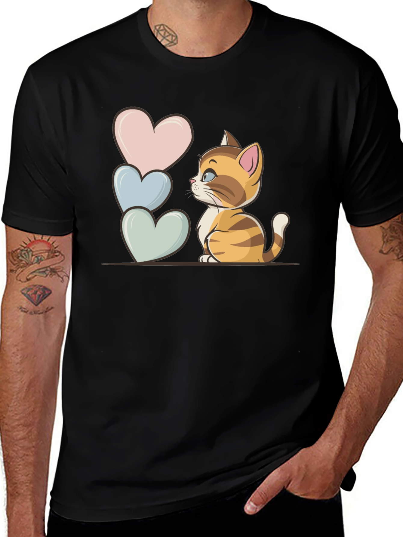 Variant 24 of Cute Kitten & Hearts Graphic Tee - Unisex Black T-Shirt