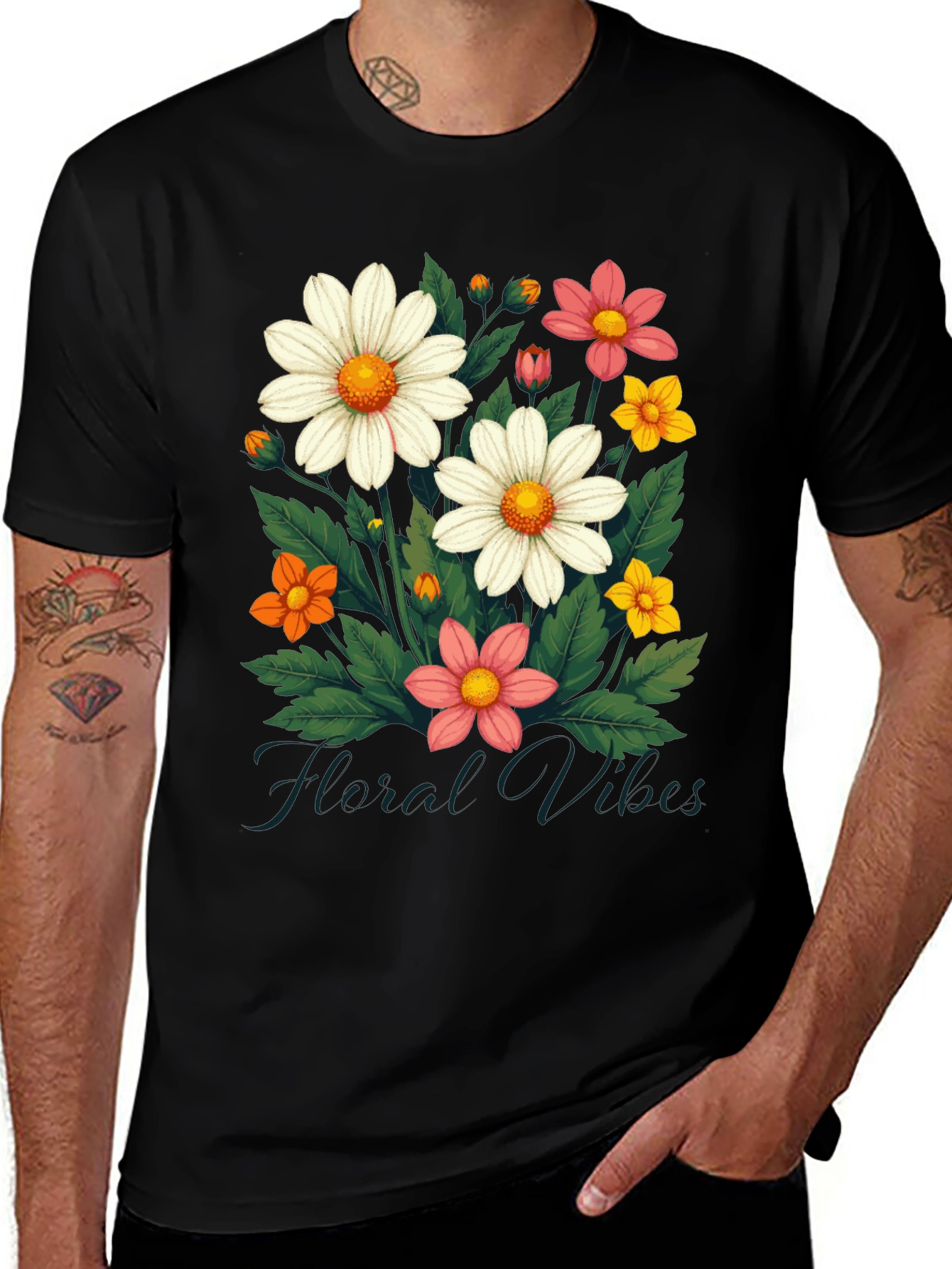 Variant 11 of Floral Vibes Graphic Tee - Stylish Men's Black T-Shirt