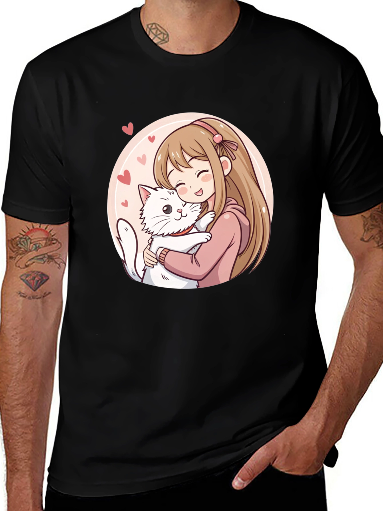 Variant 23 of Anime Girl Hugging Cat Graphic Tee - Cute & Comfy