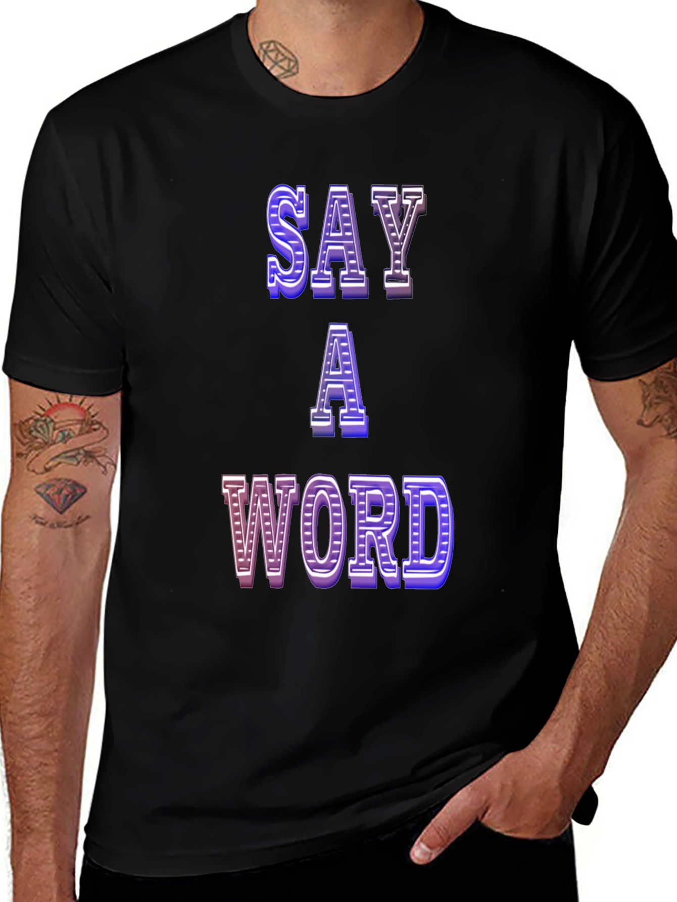 Variant 12 of Say A Word Graphic Tee - Trendy Black T-Shirt