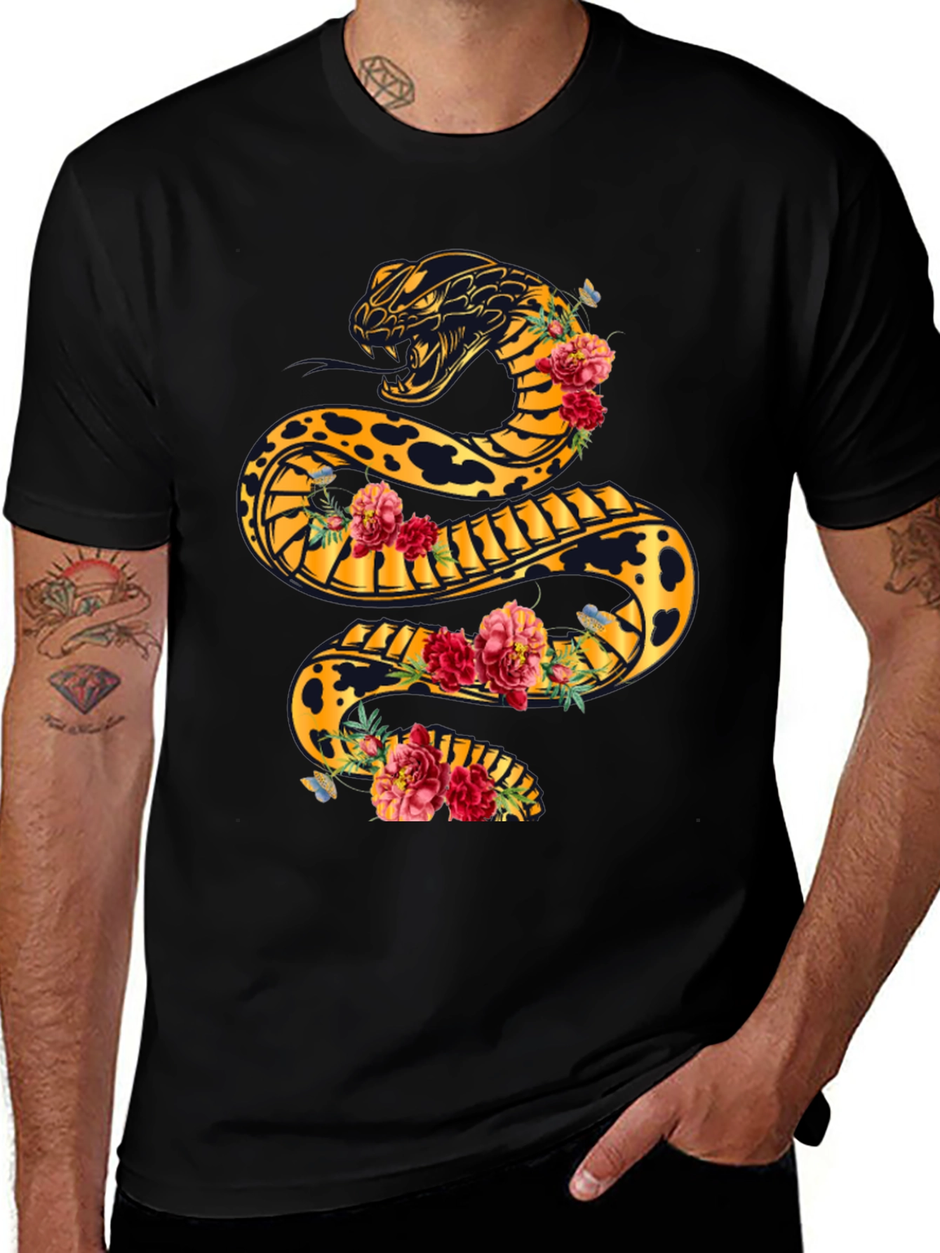 Variant 23 of Snake & Floral Print Black T-Shirt