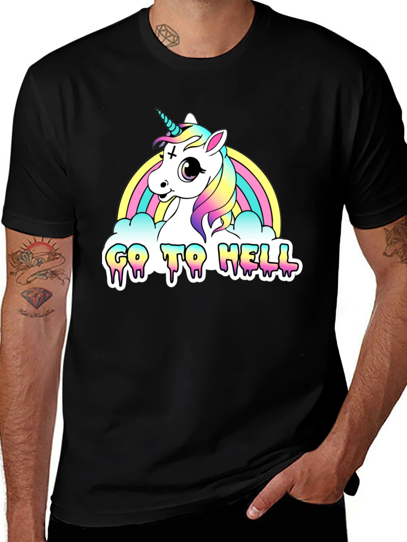 Variant 15 of Unicorn Rainbow "Go To Hell" Black Graphic Tee