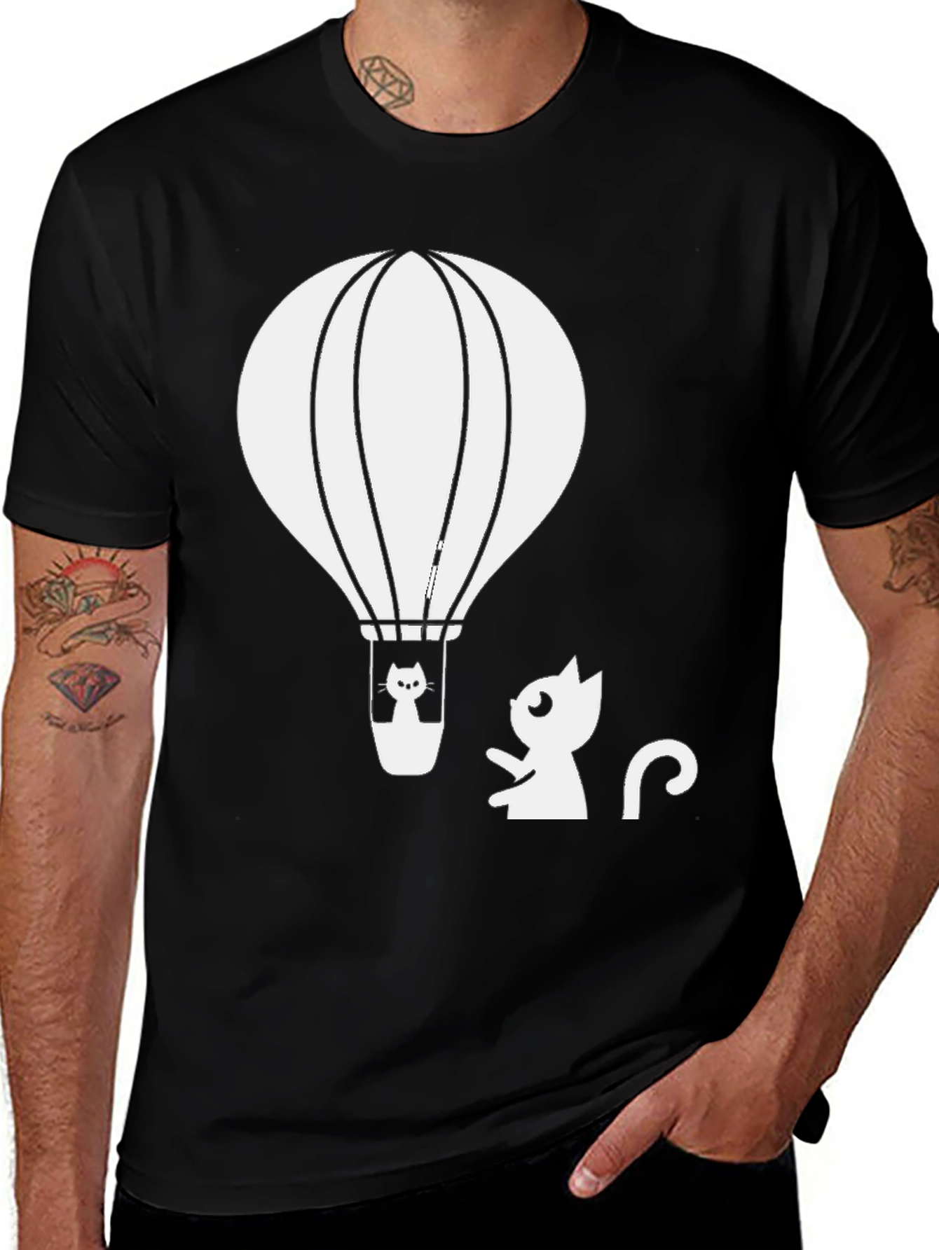 Black Cat Hot Air Balloon Graphic Tee - Black Cotton T-Shirt main image