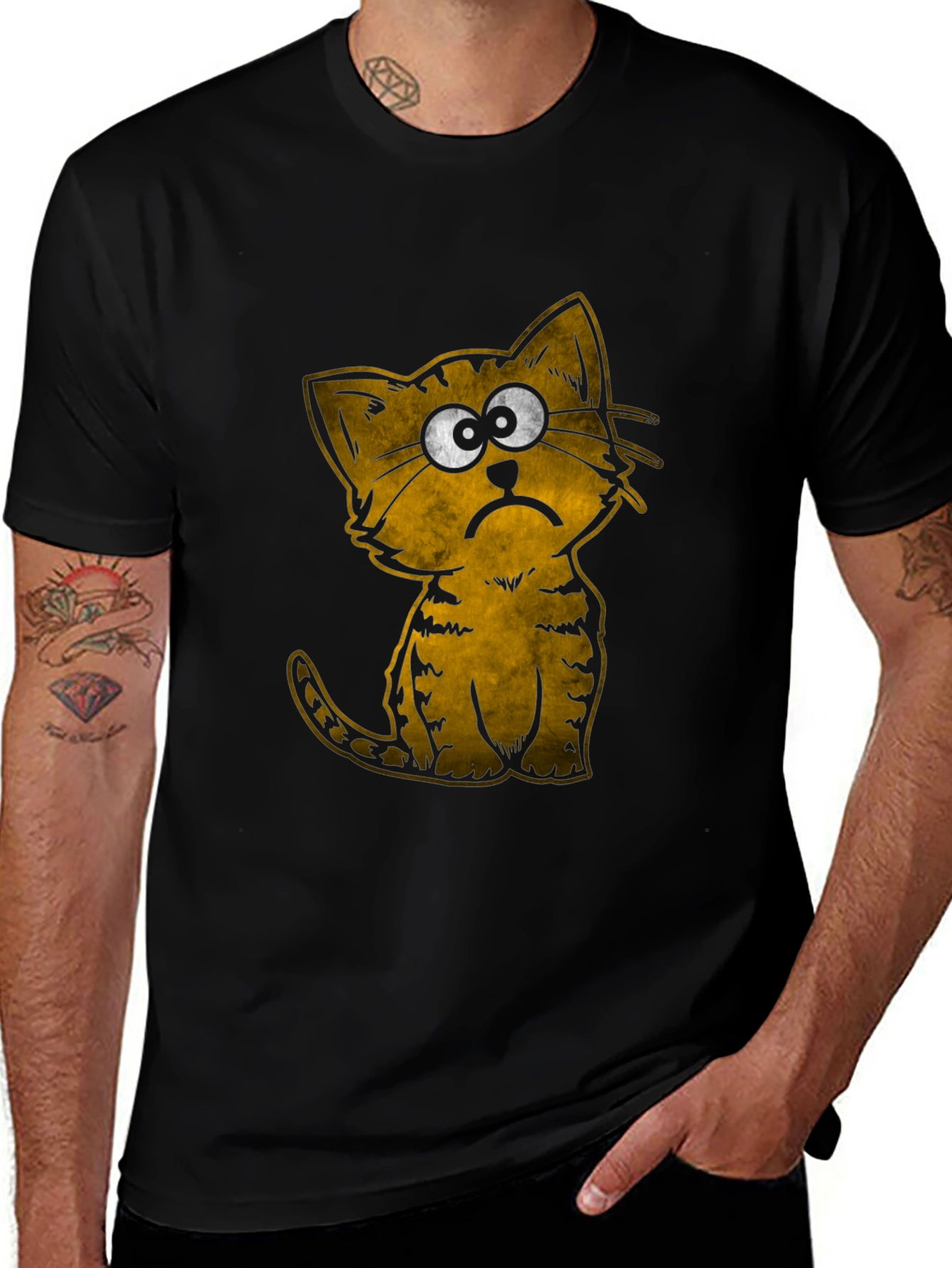 Variant 21 of Sad Cat Graphic T-Shirt - Black Cotton Tee