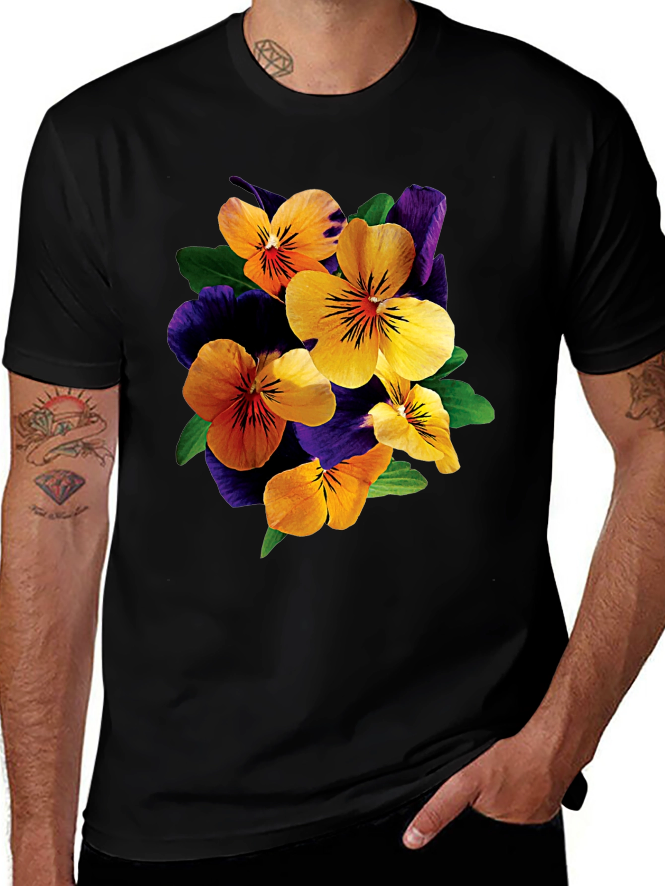 Variant 23 of Floral Pansy Print Black T-Shirt