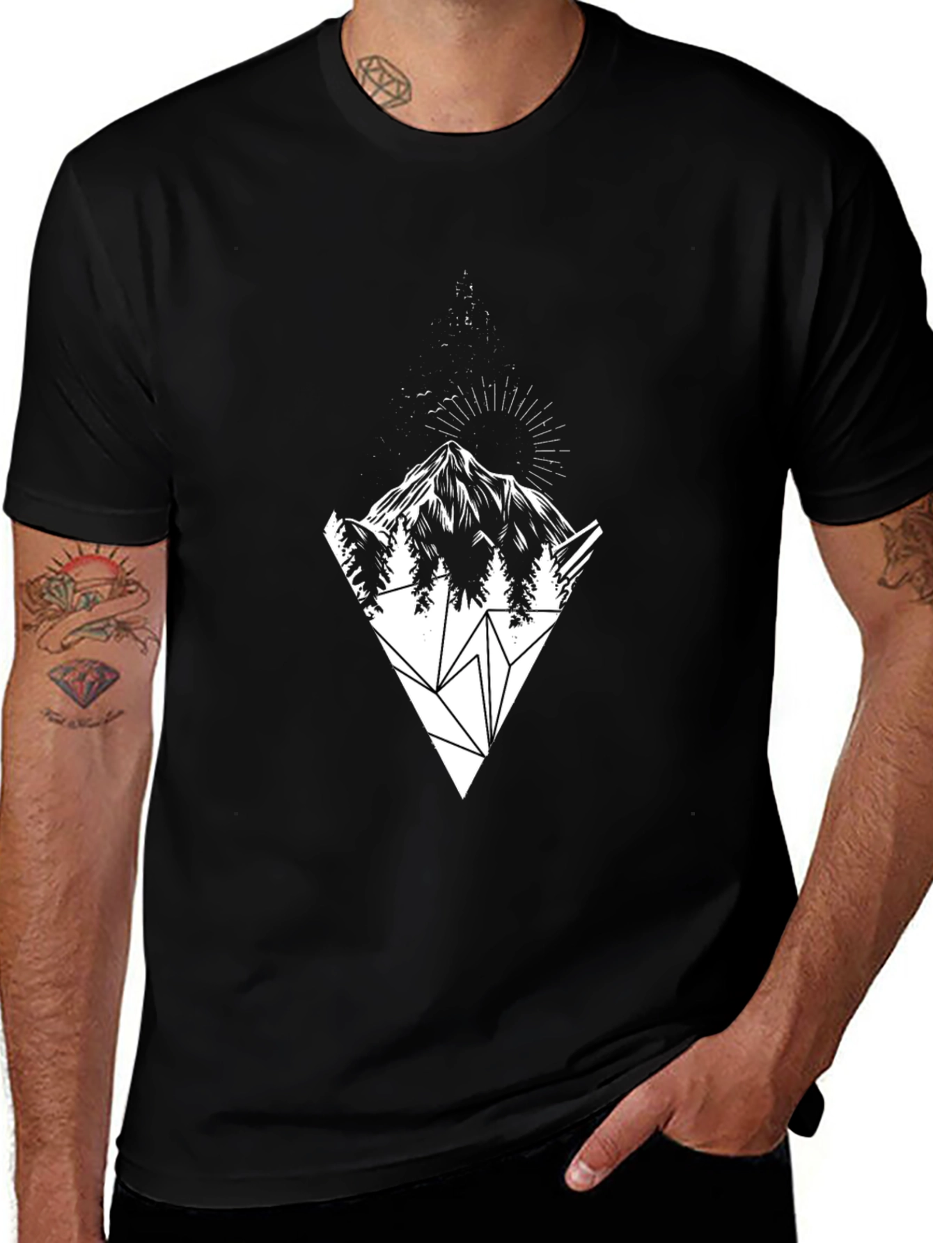 Variant 22 of Geometric Mountain Graphic Tee - Black Cotton Casual