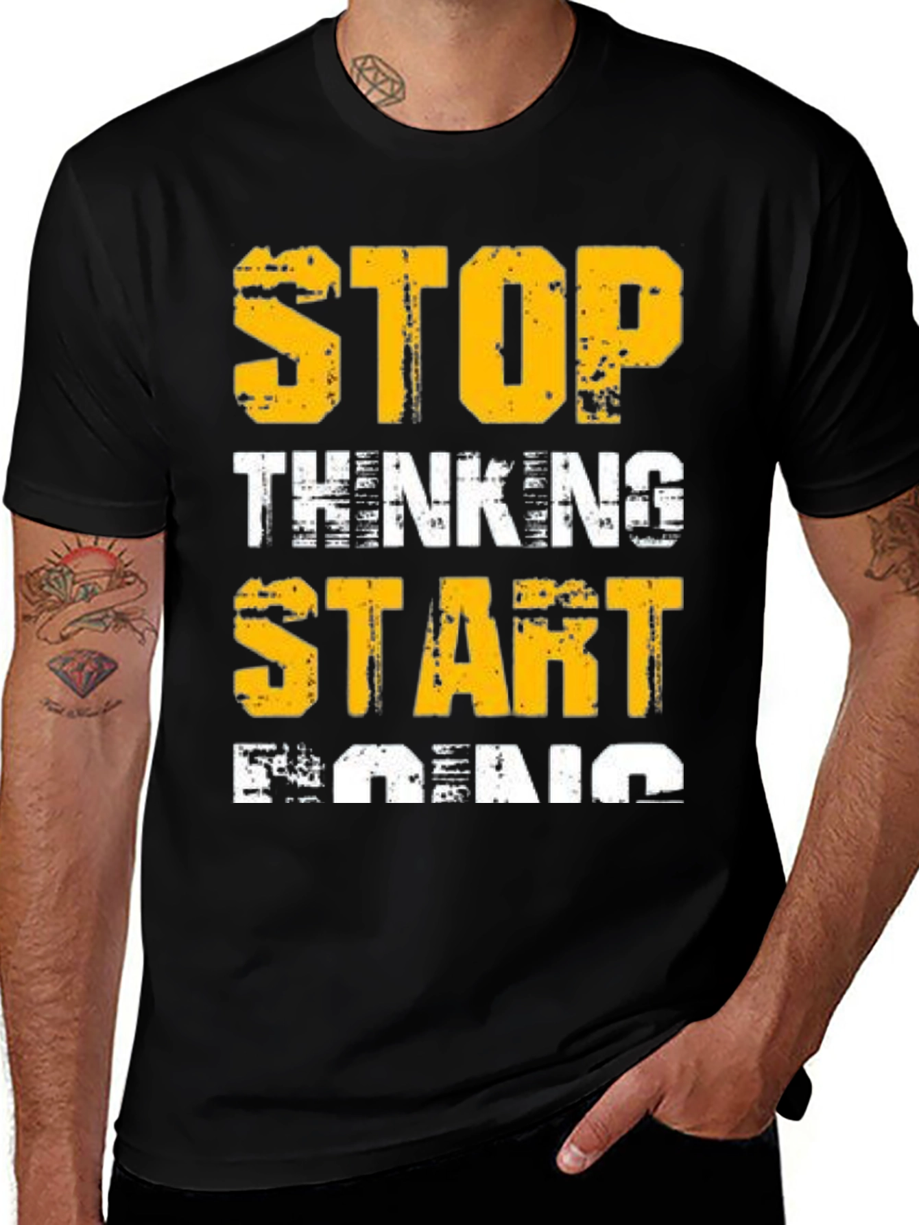 Variant 21 of Stop Thinking Start Doing Graphic Tee - Black Cotton Shirt