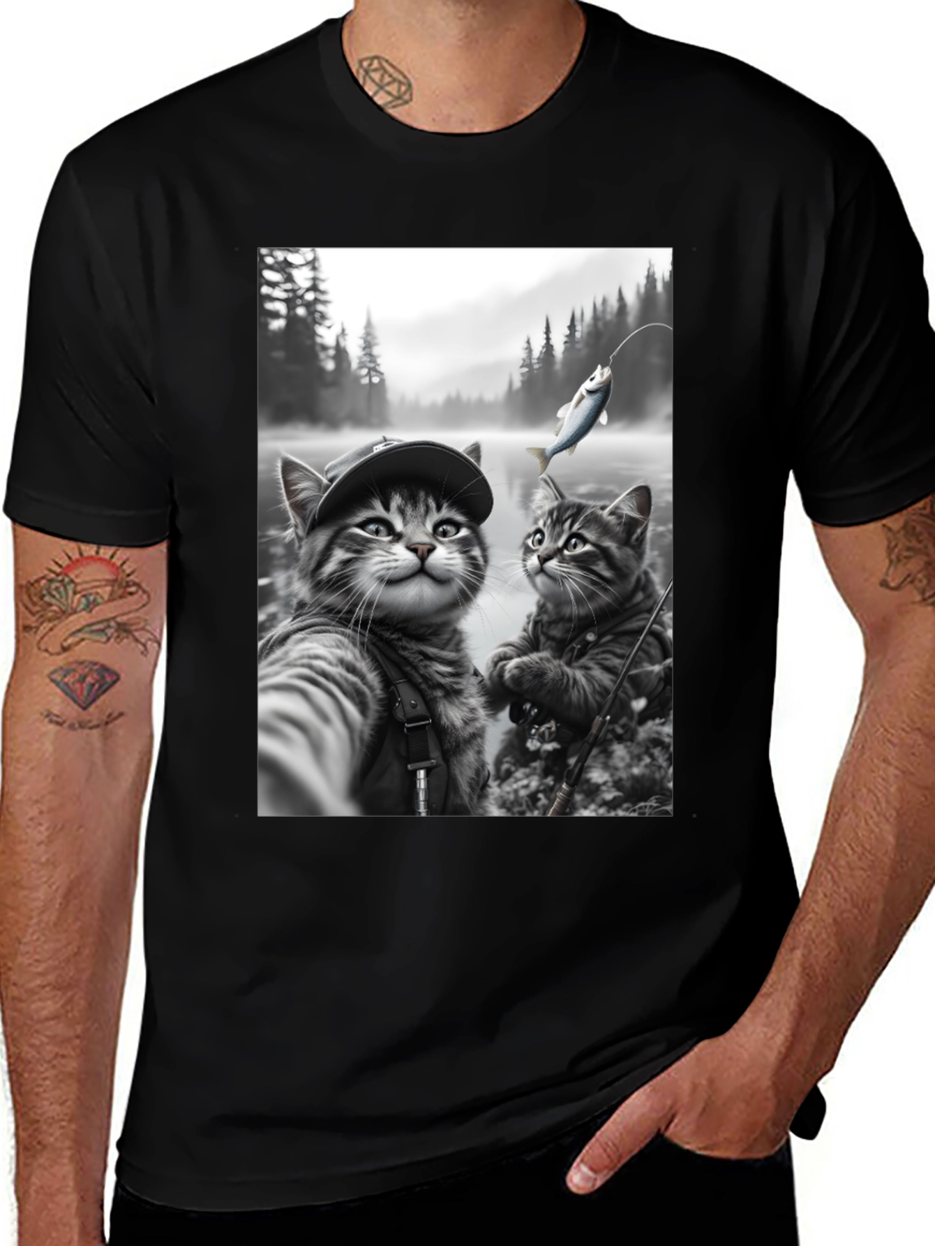 Variant 21 of Fishing Cats Graphic Tee - Black Cotton Blend