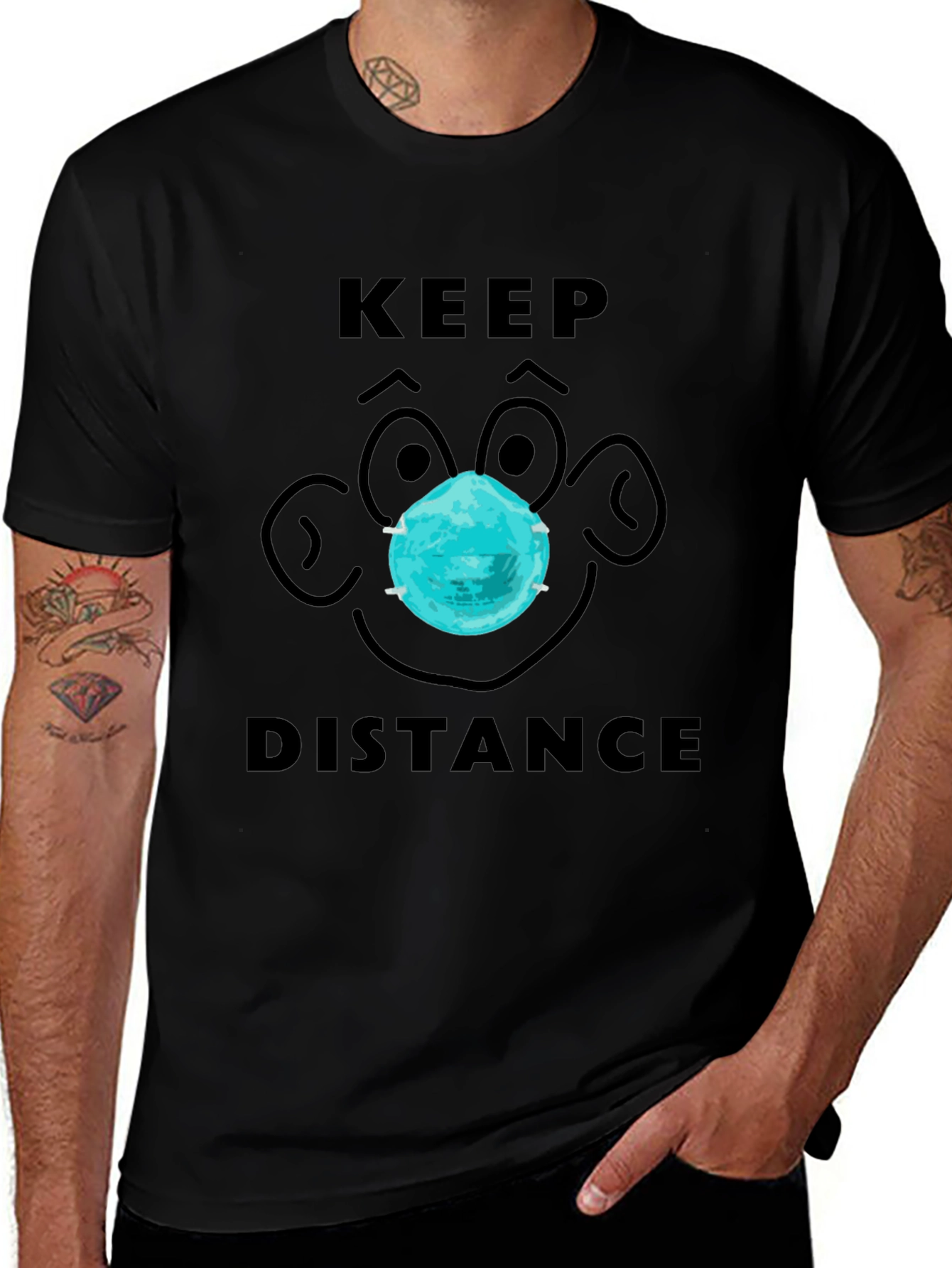 Variant 18 of Keep Distance Cartoon Face Graphic Tee - Black