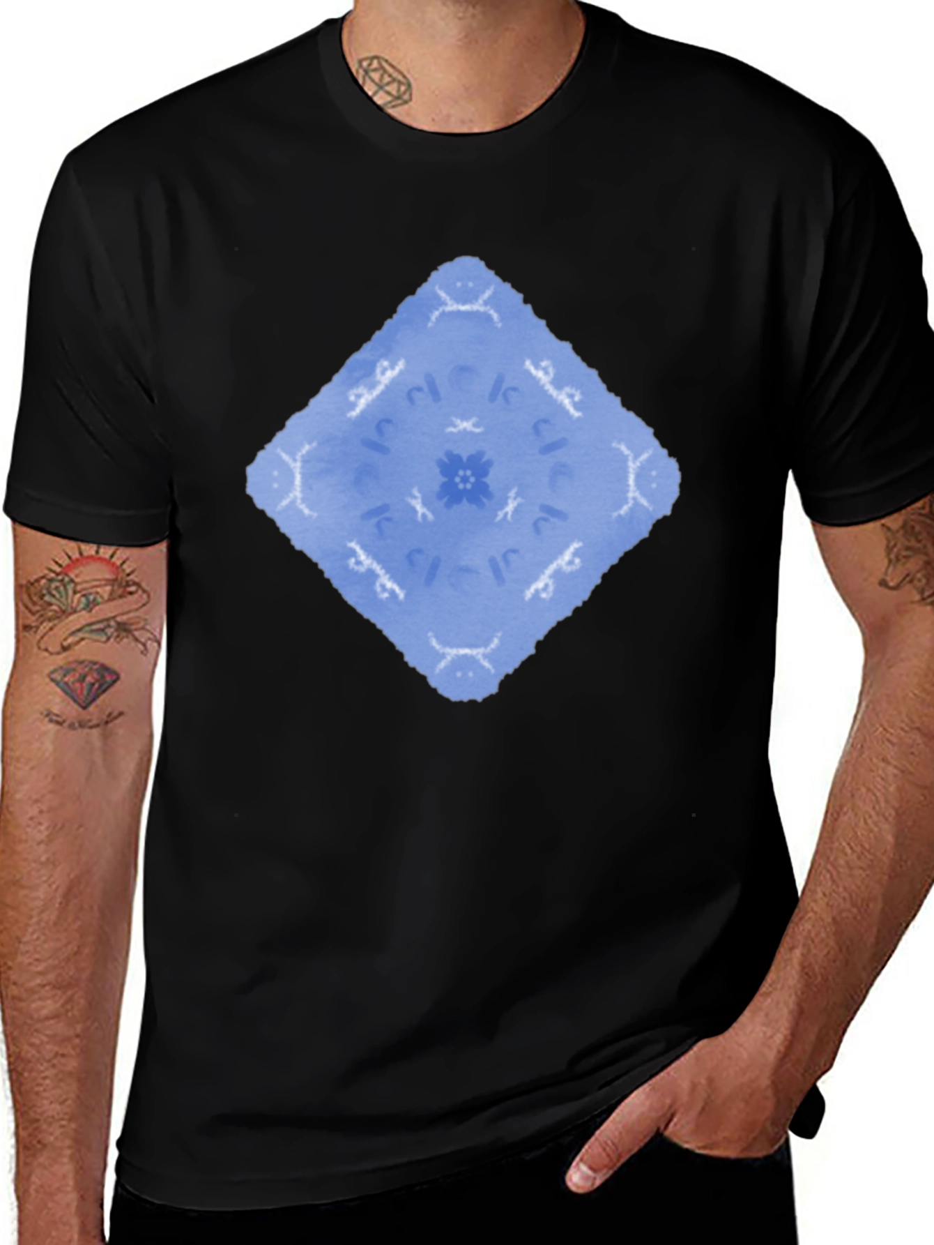 Blue Diamond Pattern Black T-Shirt