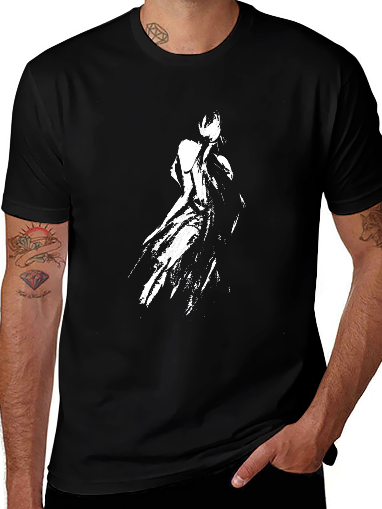 Variant 5 of Men's Black T-Shirt with Abstract White Figure Print