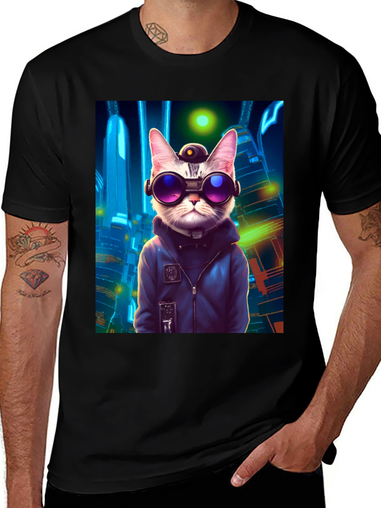 Variant 11 of Cyberpunk Cat T-Shirt - Futuristic Feline Style